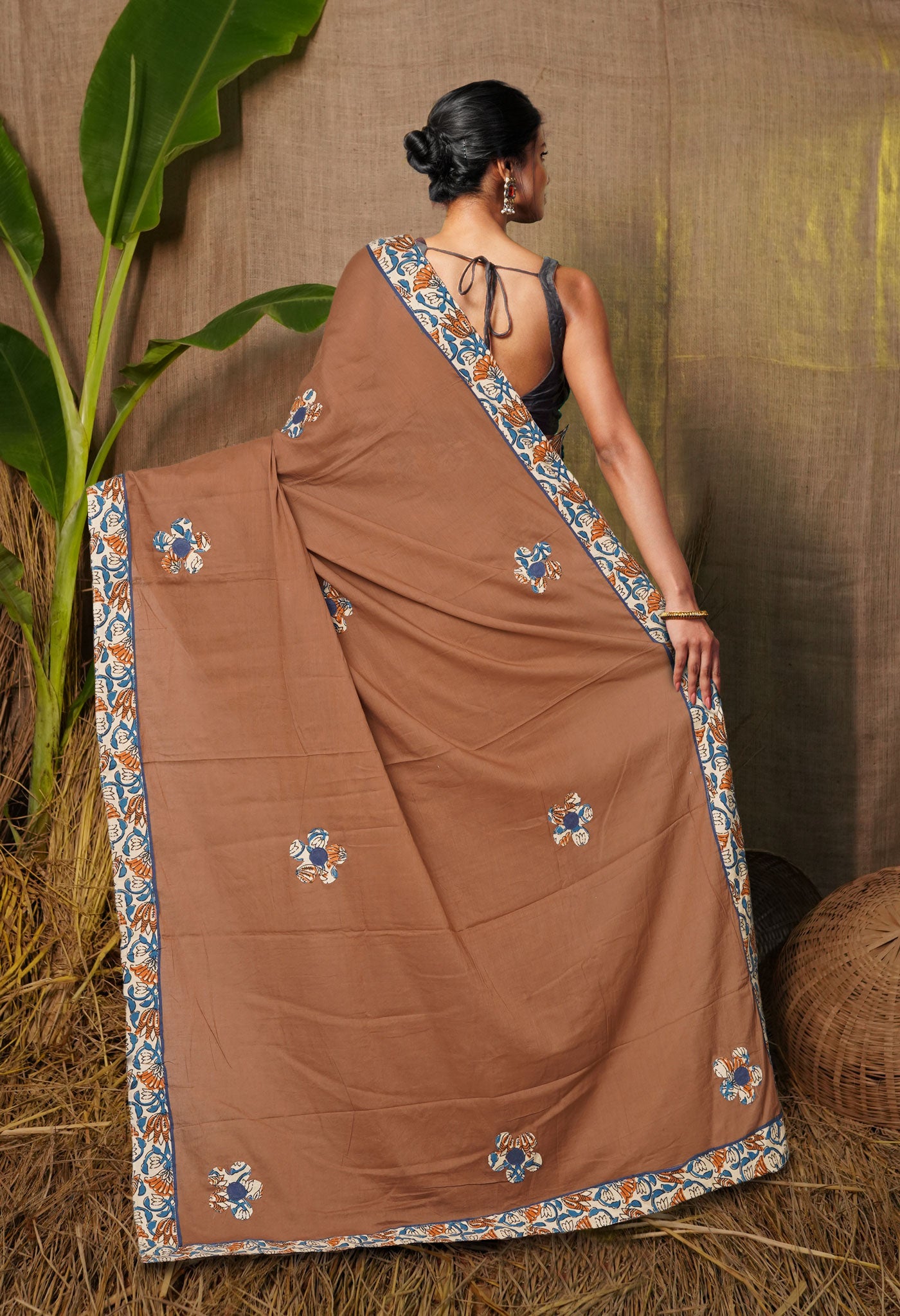 Brown Pure Applique Work Mulmul Cotton Saree-UNM80750