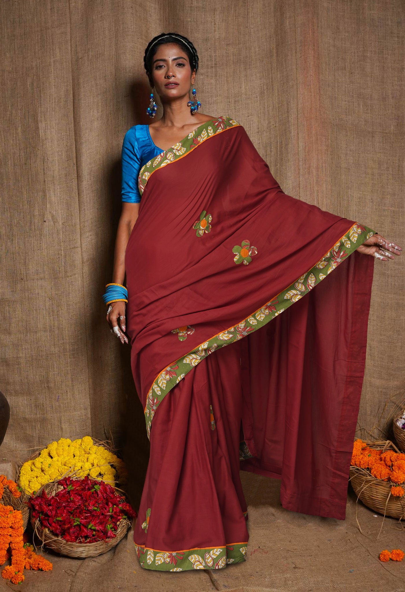 Maroon Pure Applique Work Mulmul Cotton Saree-UNM80753