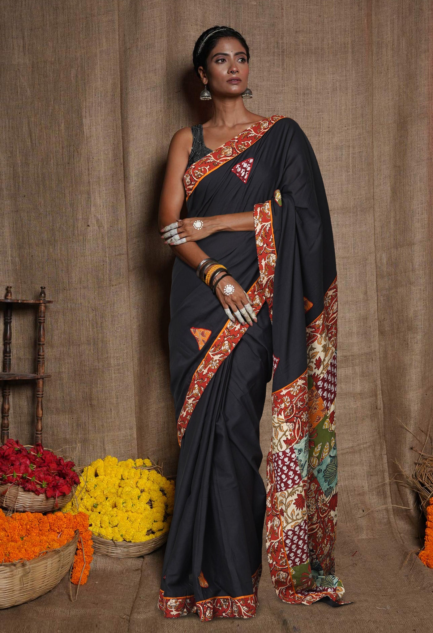 Black Pure Applique Work Mulmul Cotton Saree-UNM80754