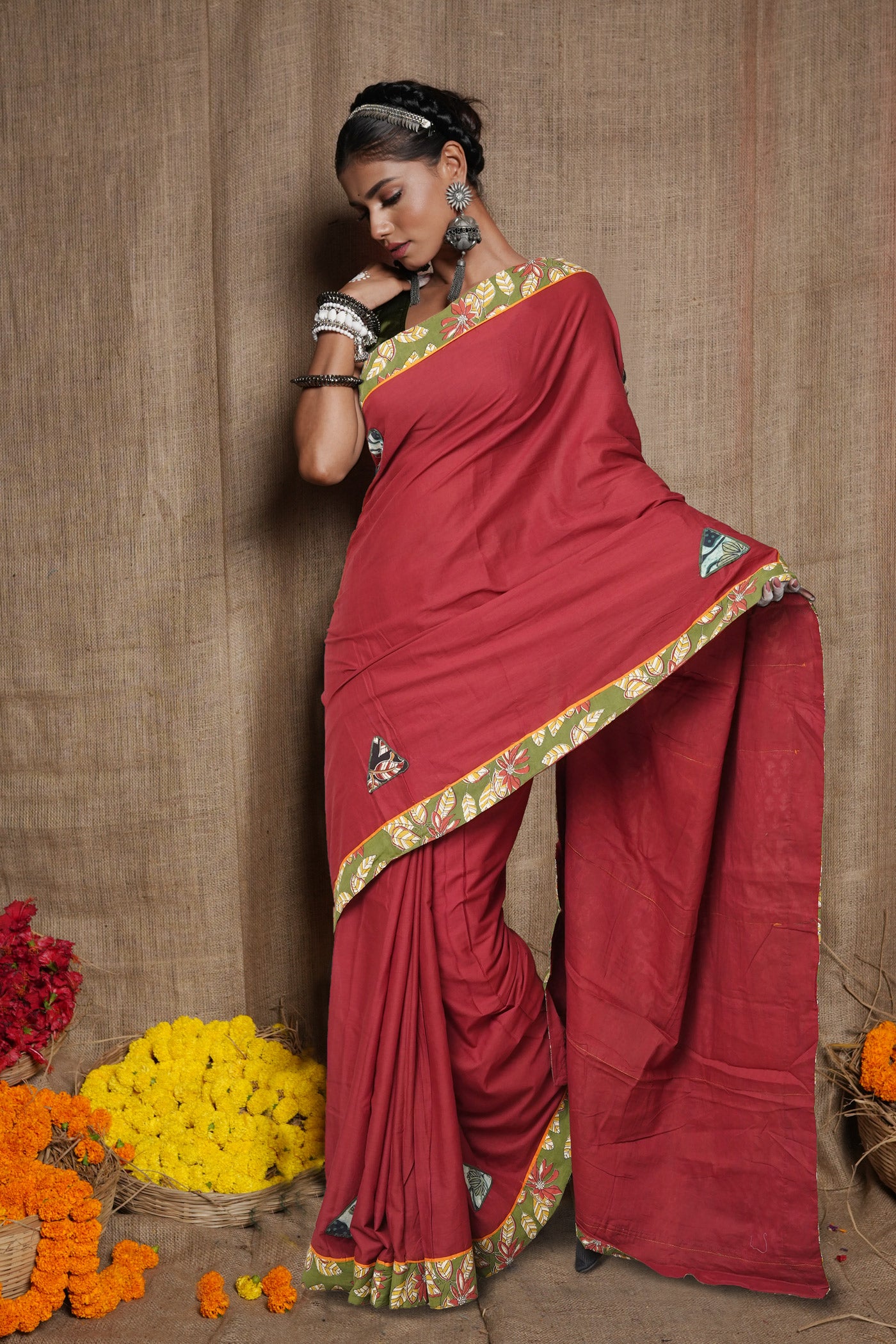 Maroon Pure Applique Work Mulmul Cotton Saree-UNM80756