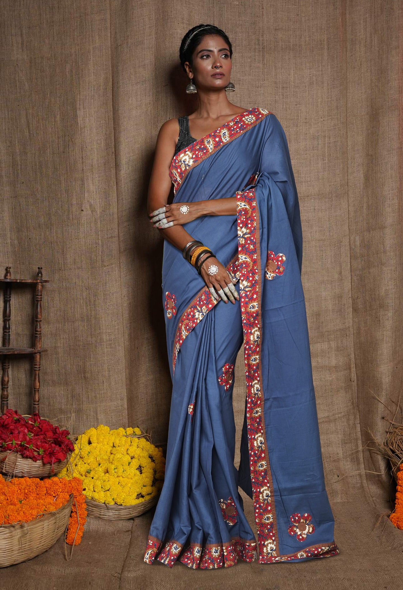 Blue Pure Applique Work Mulmul Cotton Saree-UNM80757