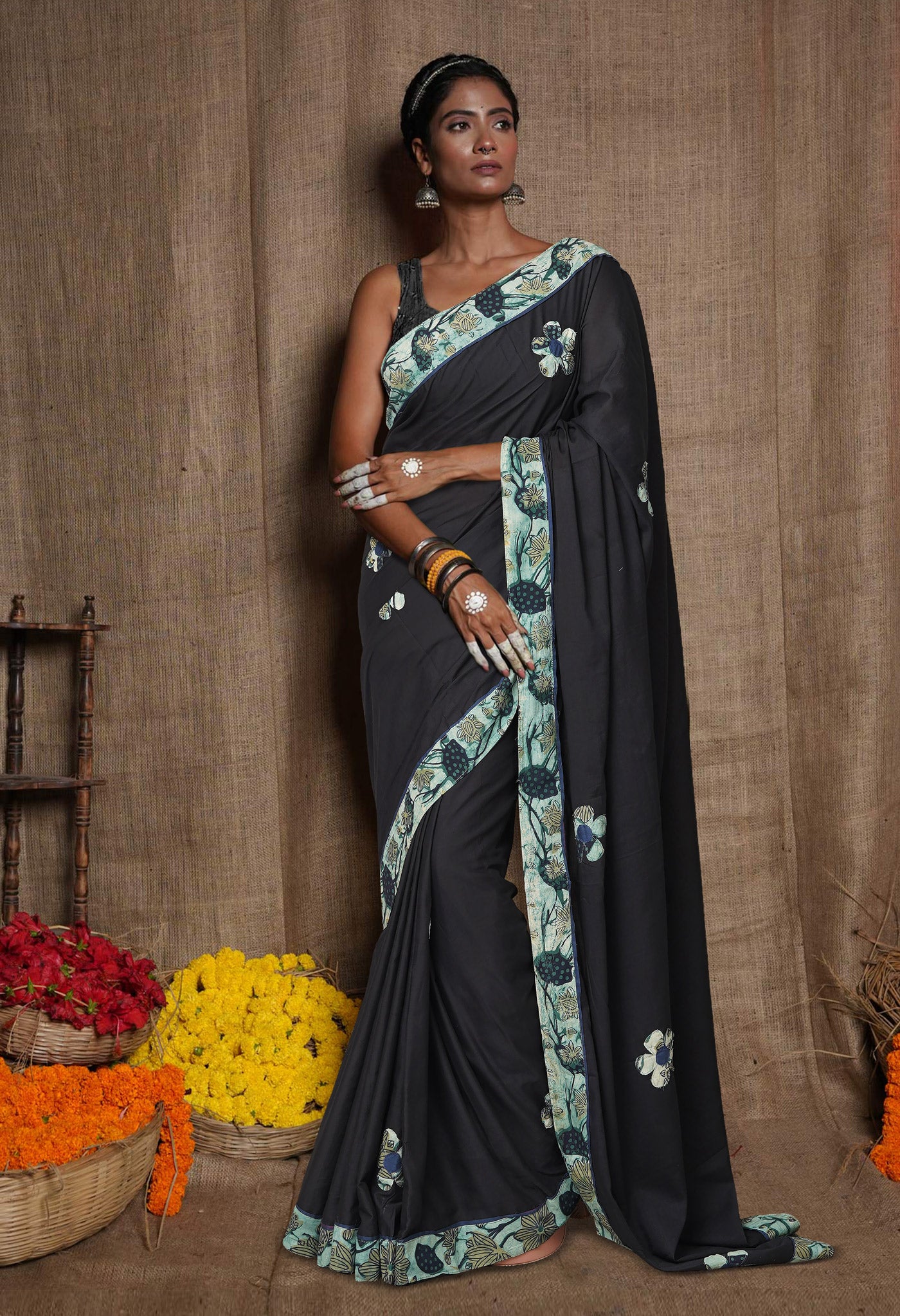 Black Pure Applique Work Mulmul Cotton Saree-UNM80759