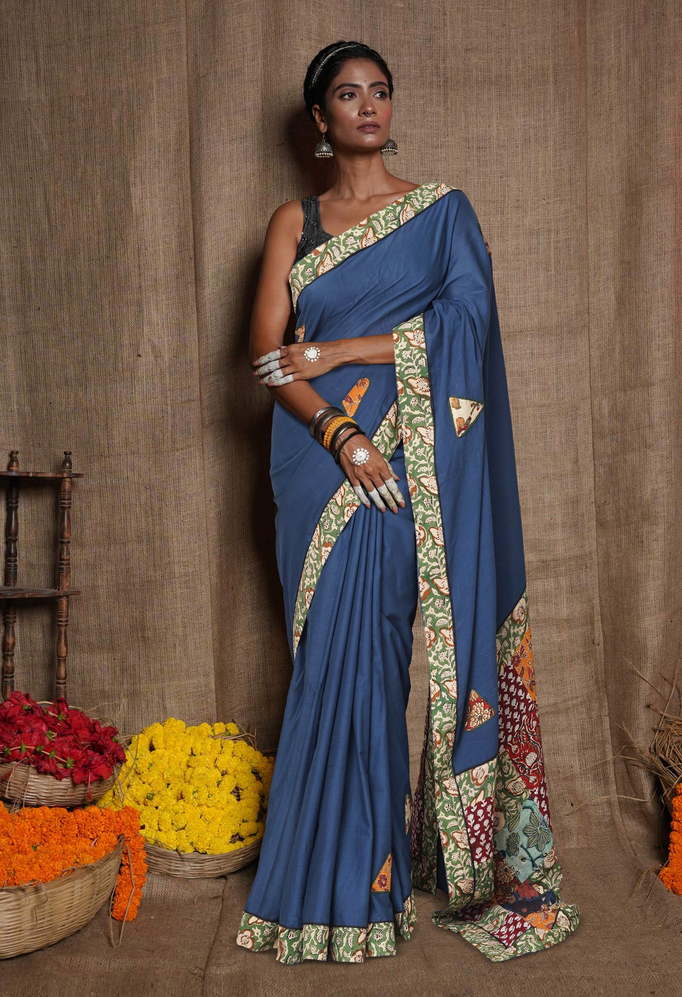 Blue Pure Applique Work Mulmul Cotton Saree-UNM80761