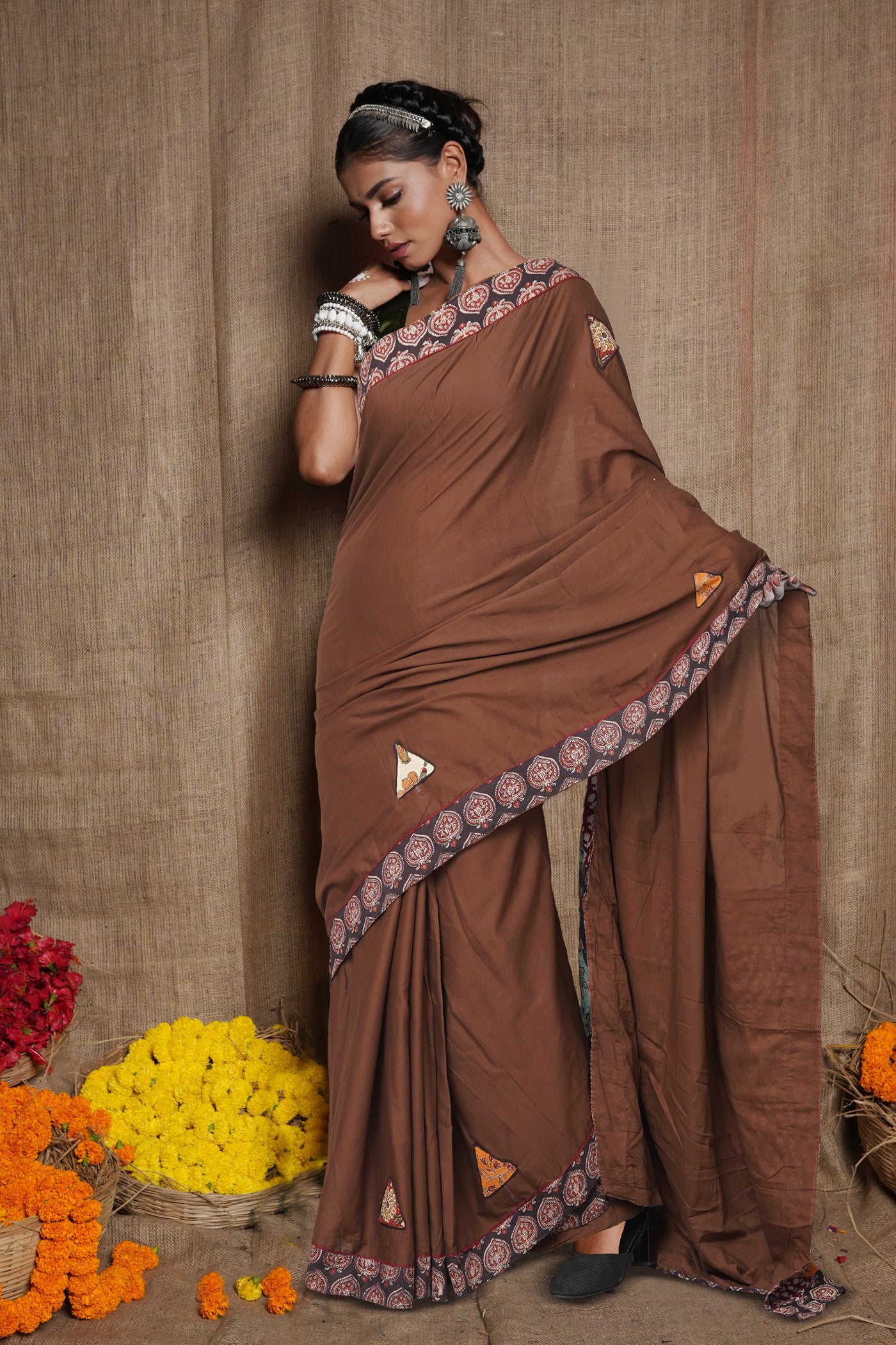 Brown Pure Applique Work Mulmul Cotton Saree-UNM80763