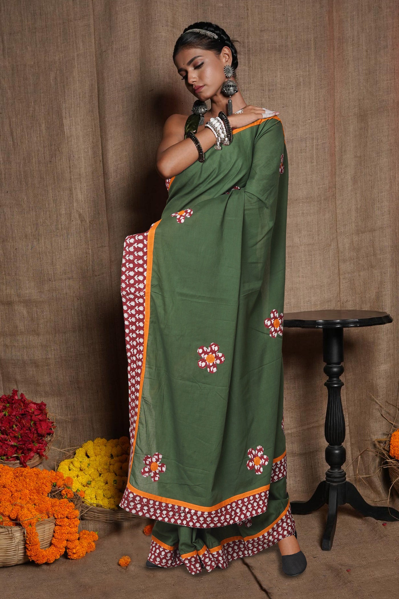 Green Pure Applique Work Mulmul Cotton Saree-UNM80764