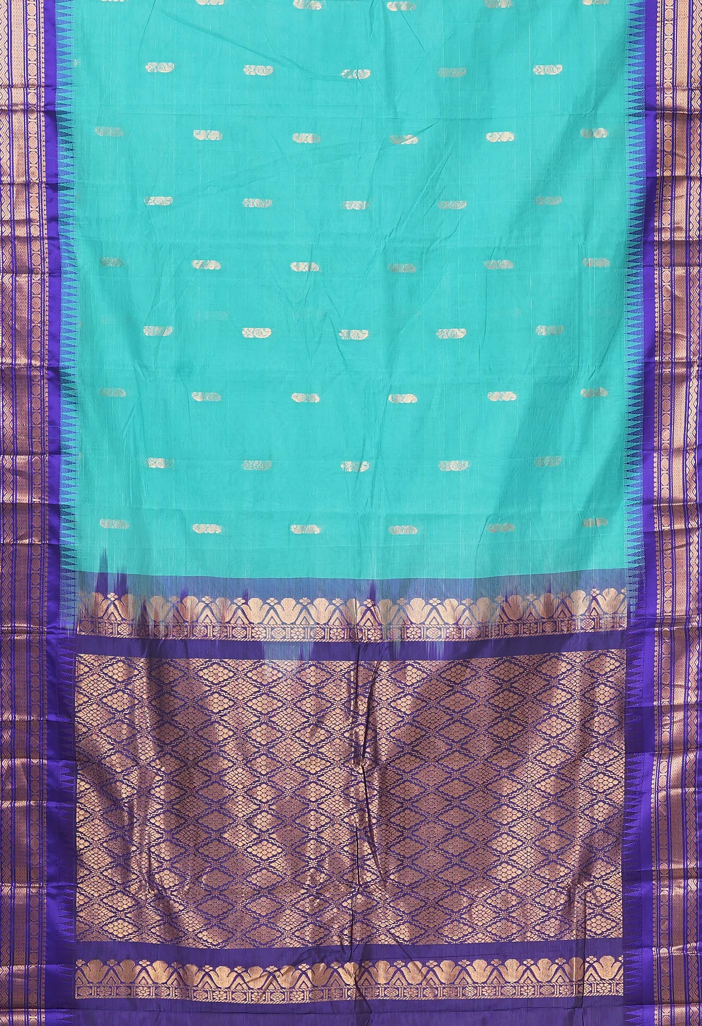 Turquoise Blue-Dark Blue Pure Handloom Gadwal Cotton Saree-UNM80773