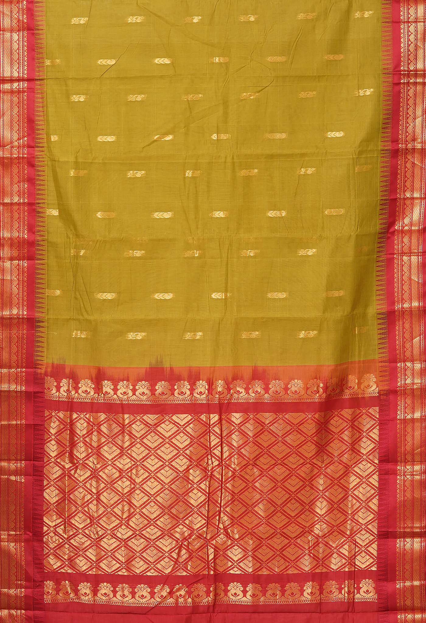 Mehendi Green-Red Pure Handloom Gadwal Cotton Saree-UNM80777