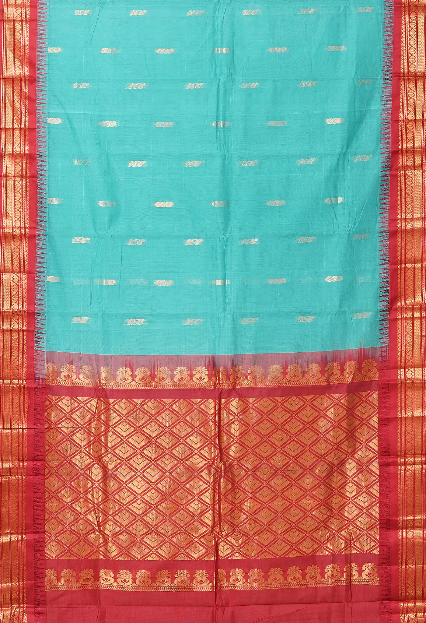 Turquoise Blue-Red Pure Handloom Gadwal Cotton Saree-UNM80778