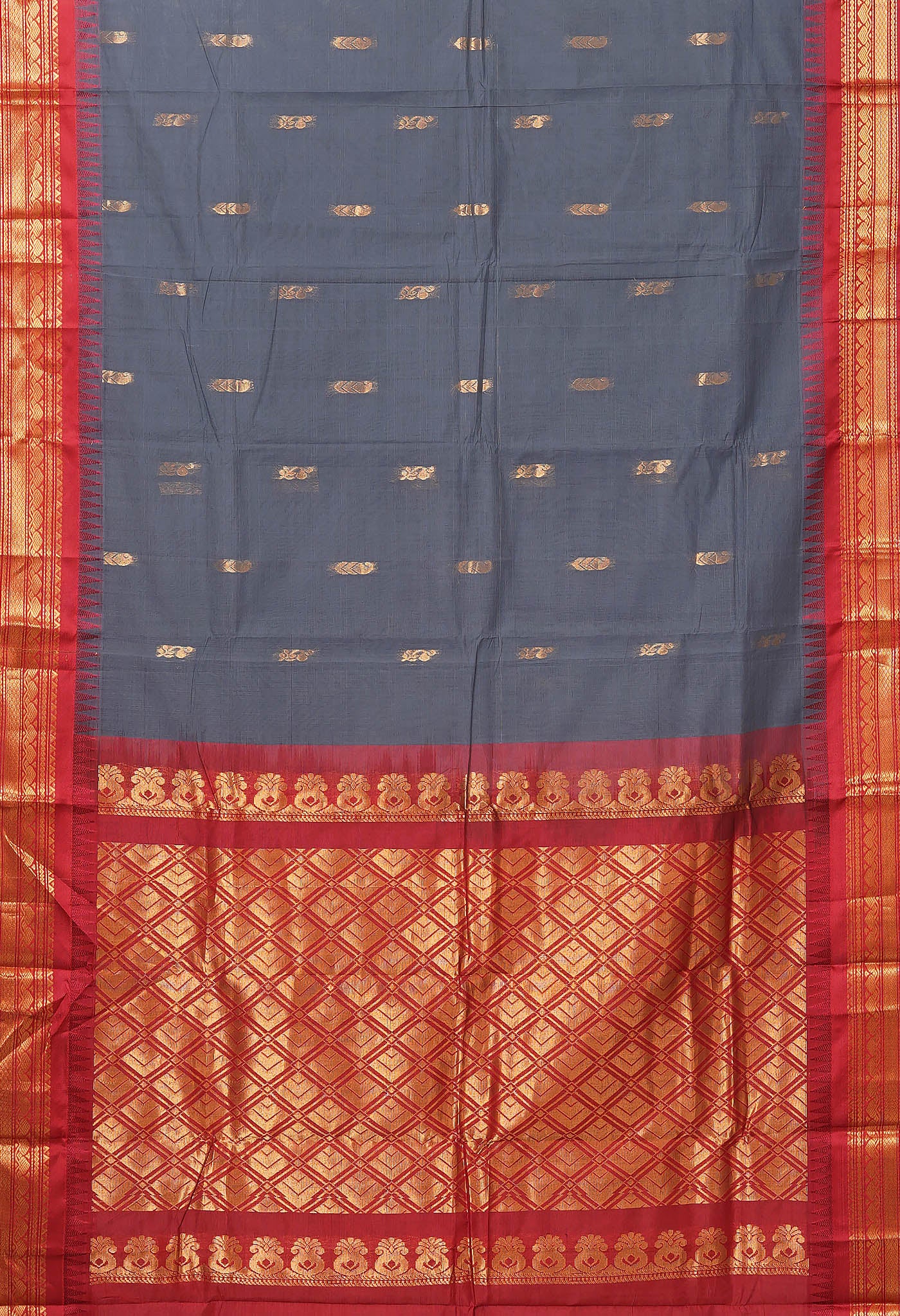 Grey-Red Pure Handloom Gadwal Cotton Saree-UNM80779