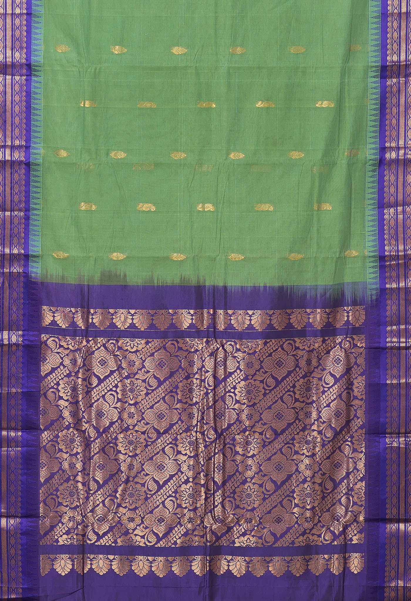 Green-Dark Blue Pure Handloom Gadwal Cotton Saree-UNM80782