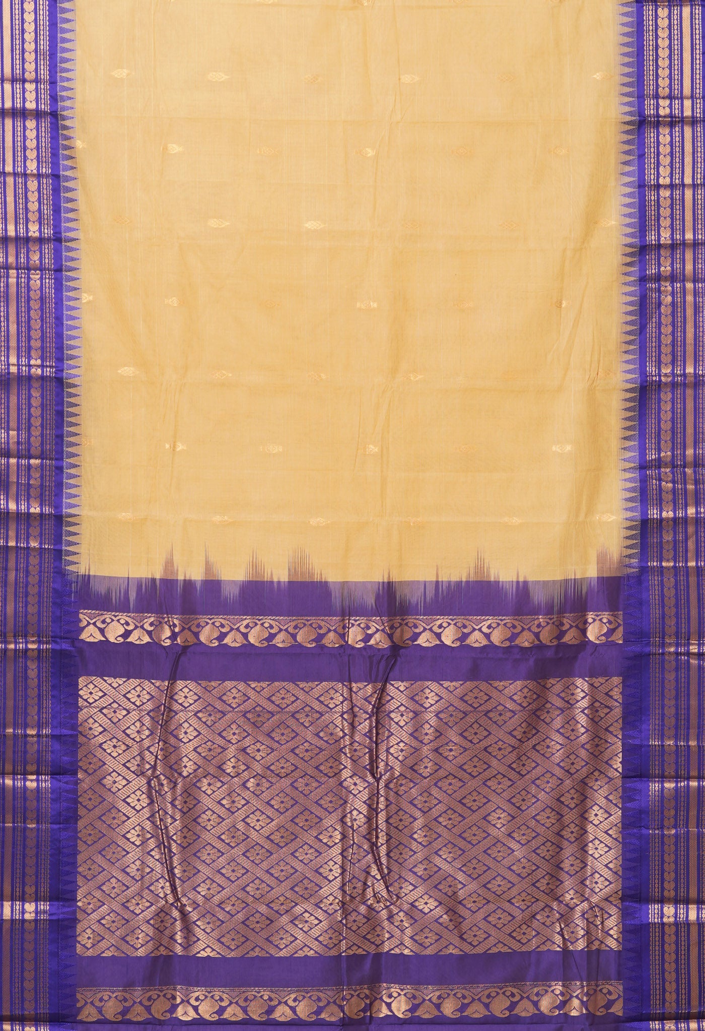 Cream-Dark Blue Pure Handloom Gadwal Cotton Saree-UNM80783