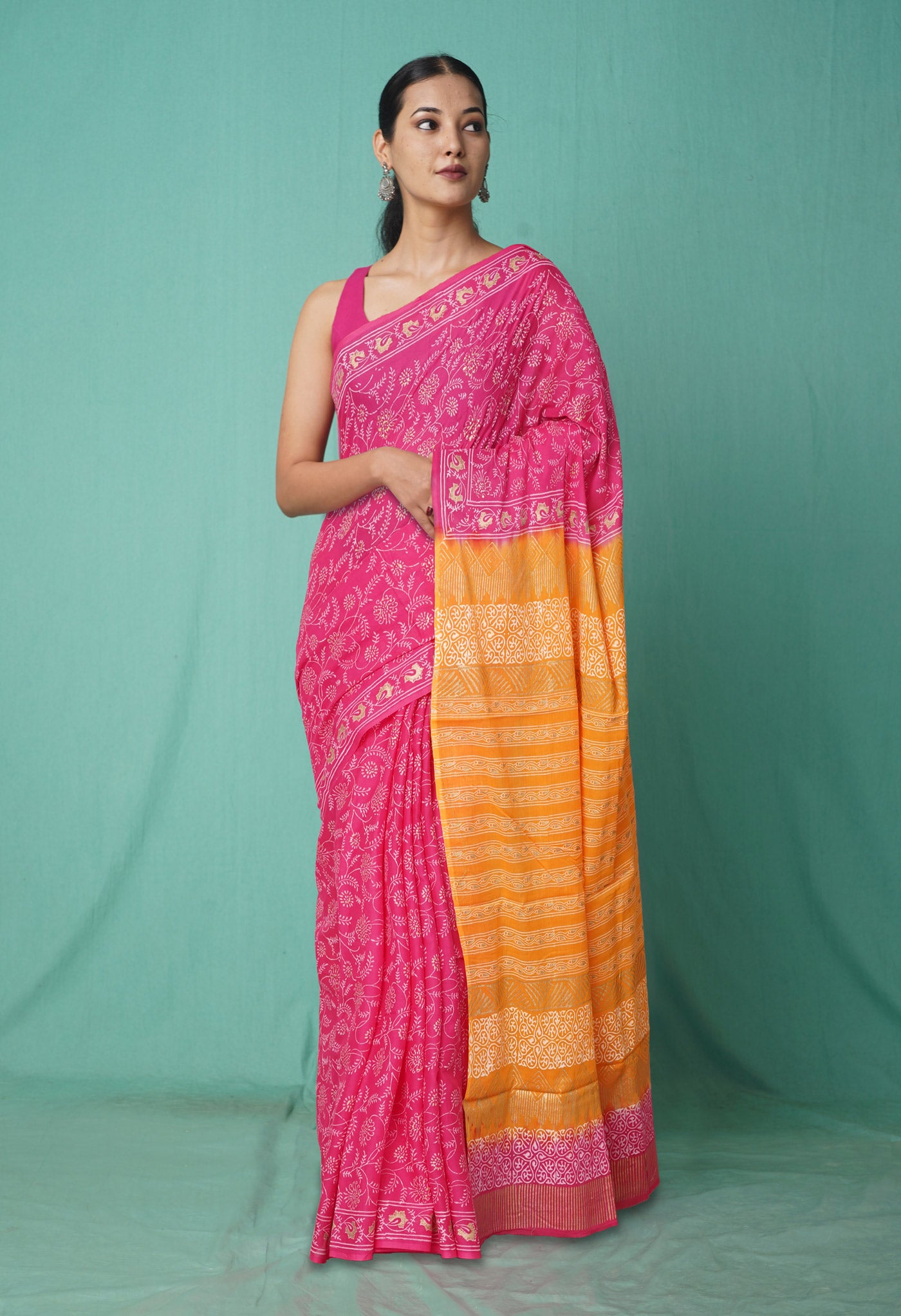 Pink-Yellow Pure Gold Embossed Printed Soft Cotton Saree-UNM81003