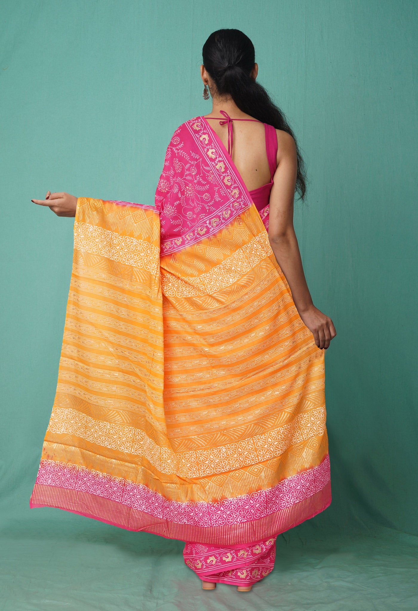 Pink-Yellow Pure Gold Embossed Printed Soft Cotton Saree-UNM81003