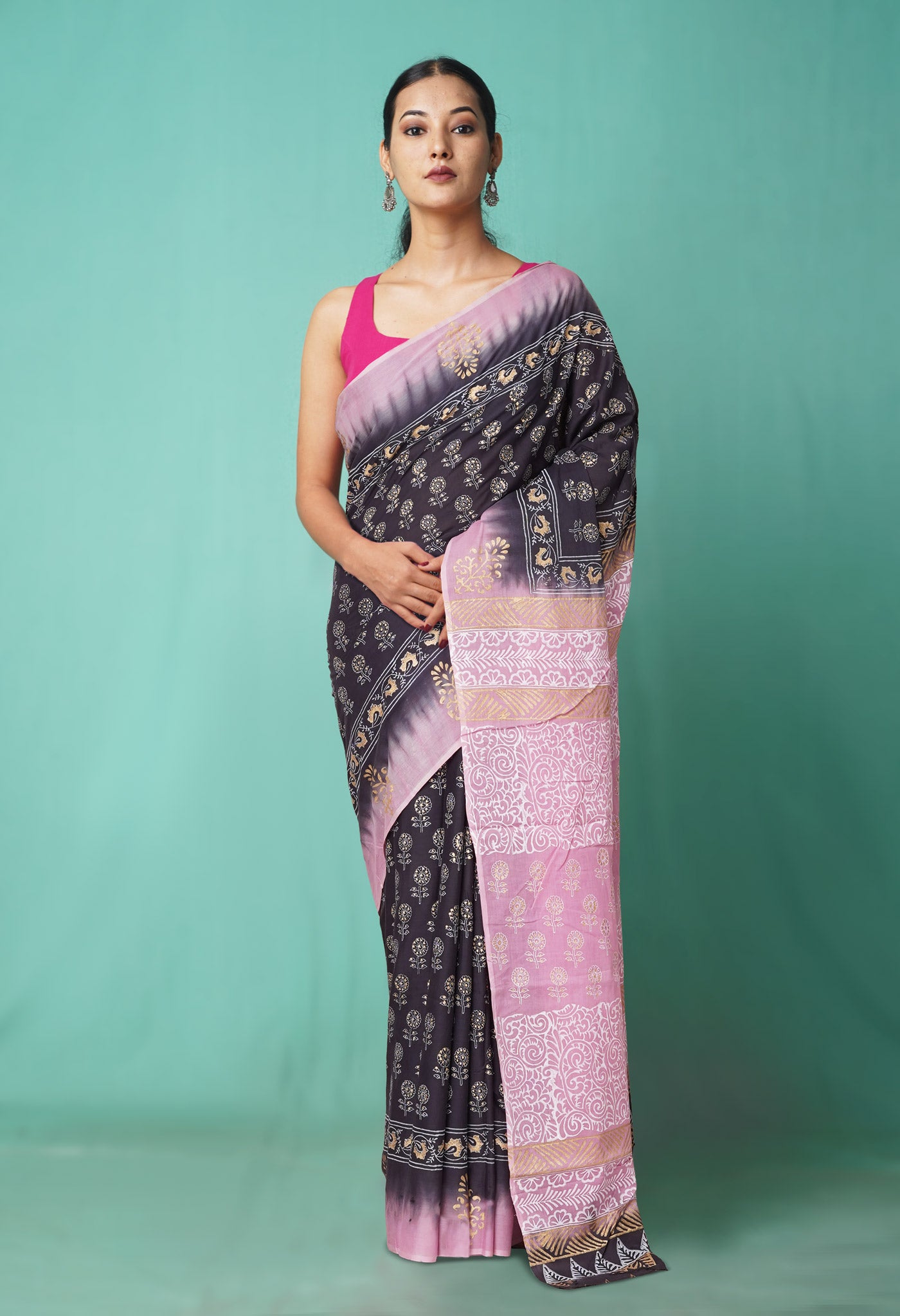 Black-Pink Pure Gold Embossed Printed Soft Cotton Saree-UNM81007