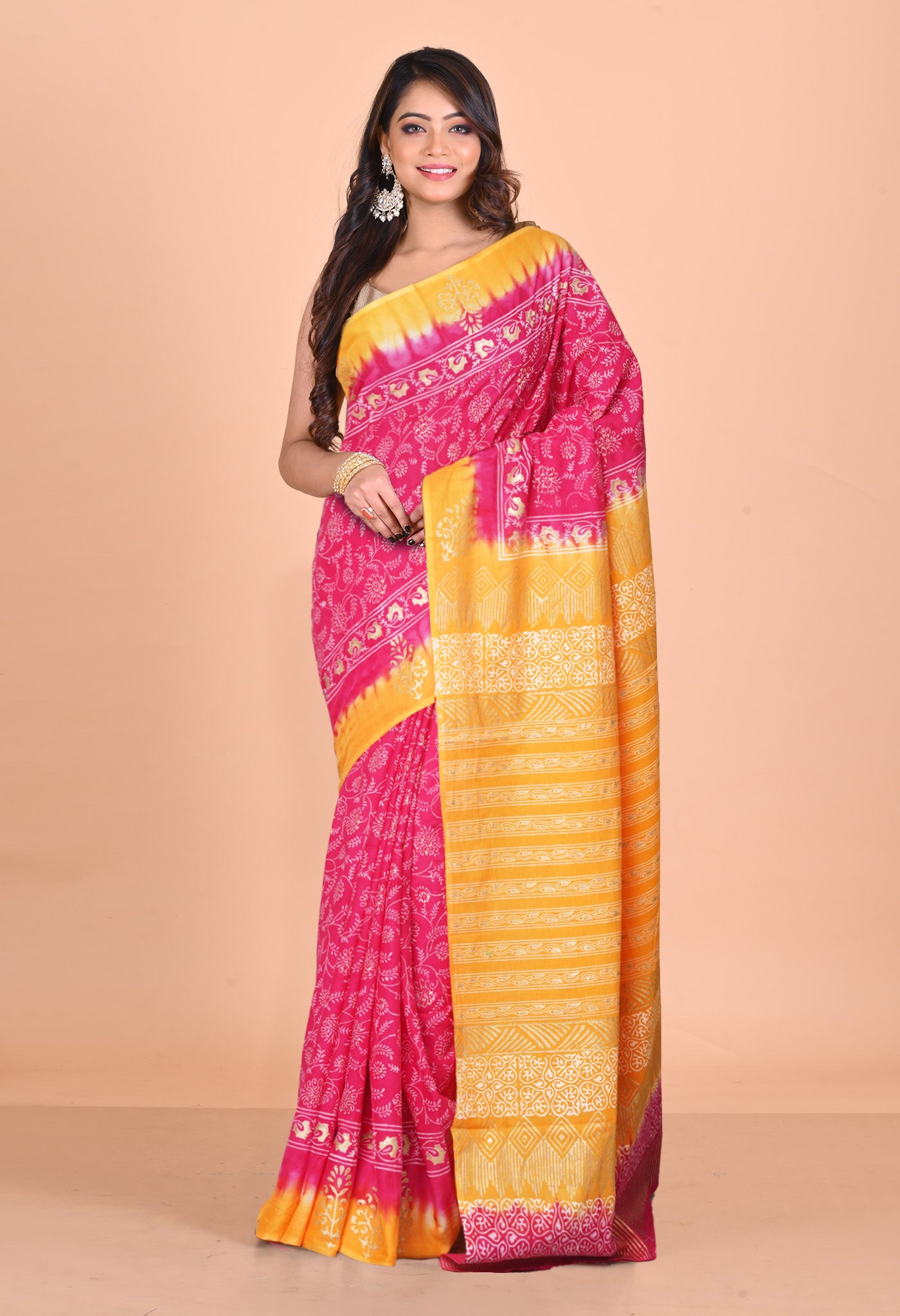 Pink-Yellow Pure Gold Embossed Printed Soft Cotton Saree-UNM81008