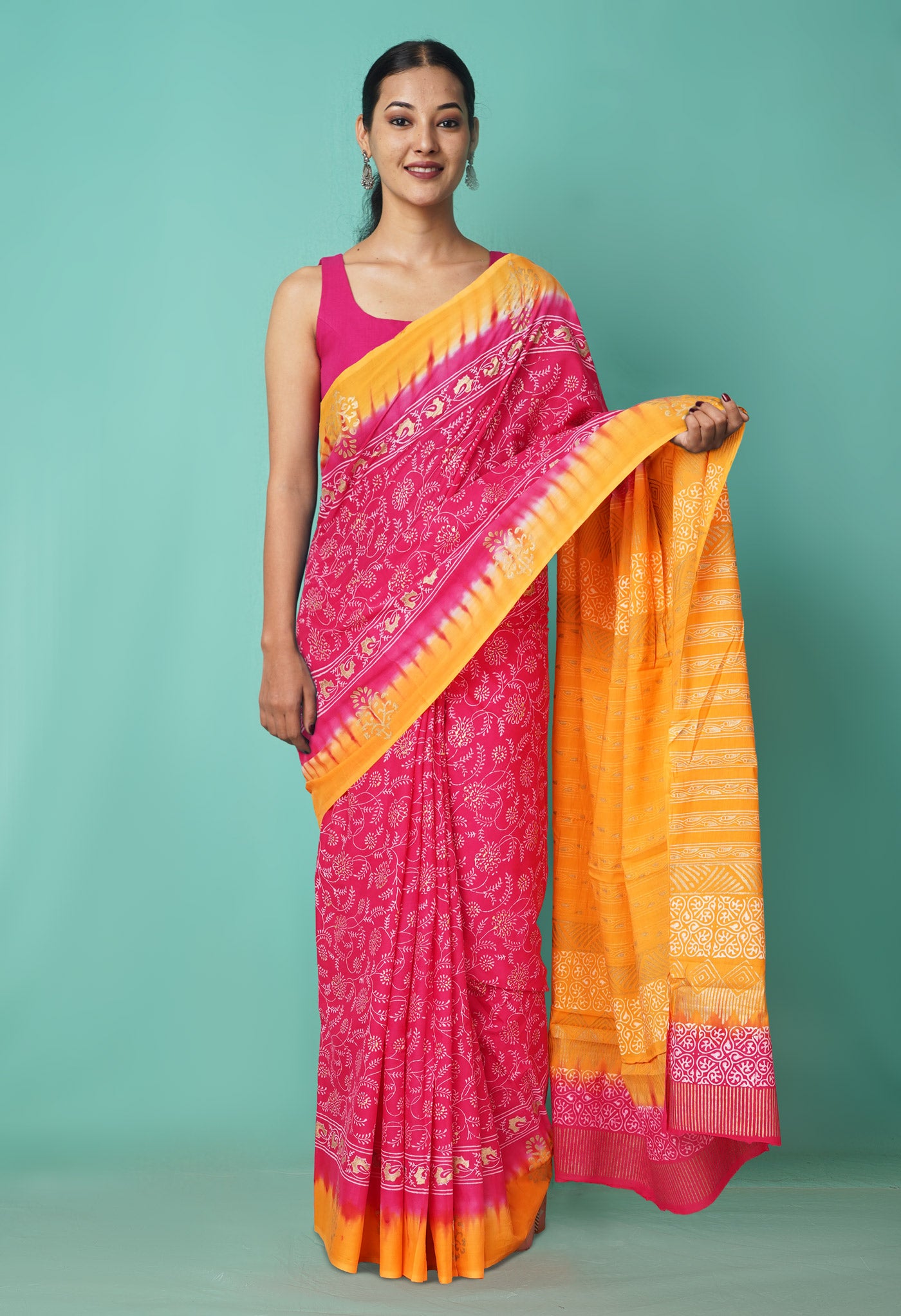 Pink-Yellow Pure Gold Embossed Printed Soft Cotton Saree-UNM81008