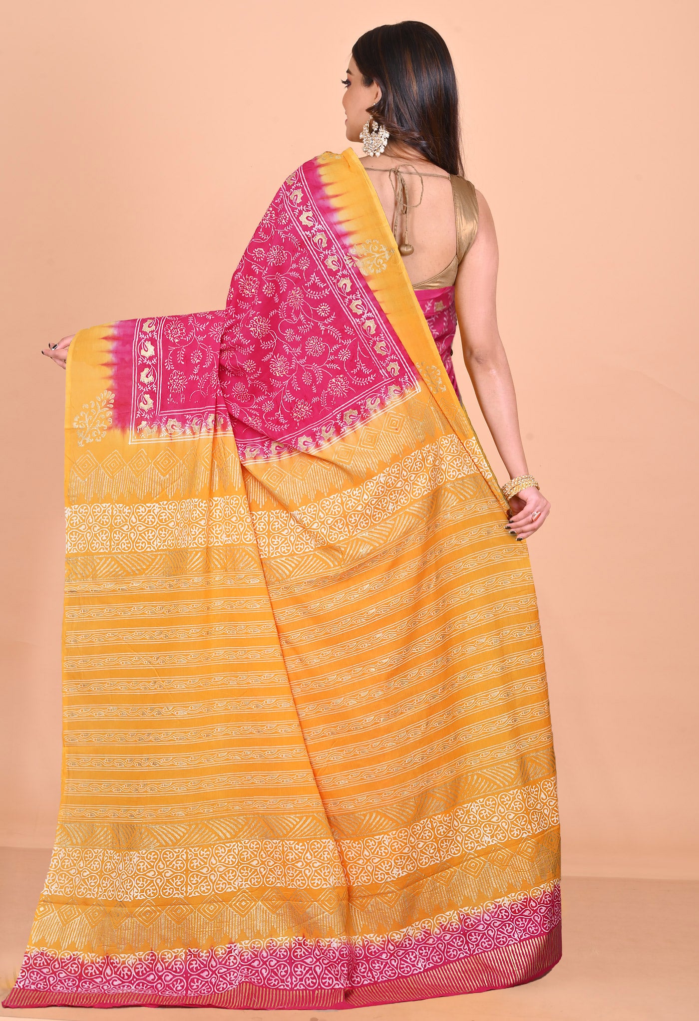 Pink-Yellow Pure Gold Embossed Printed Soft Cotton Saree-UNM81008