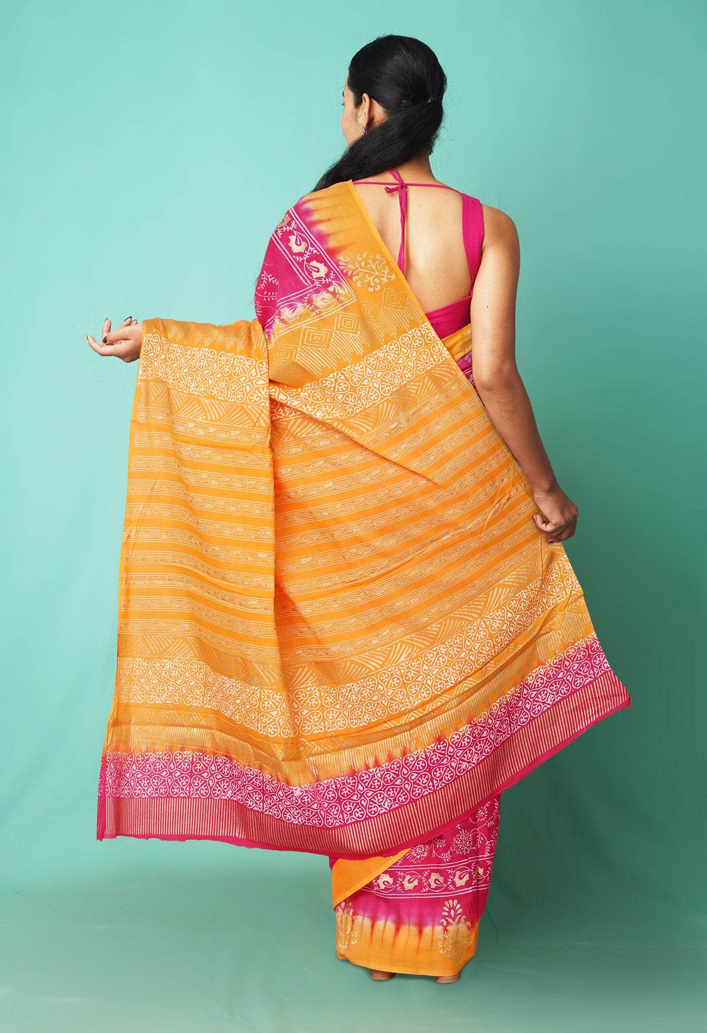 Pink-Yellow Pure Gold Embossed Printed Soft Cotton Saree-UNM81008