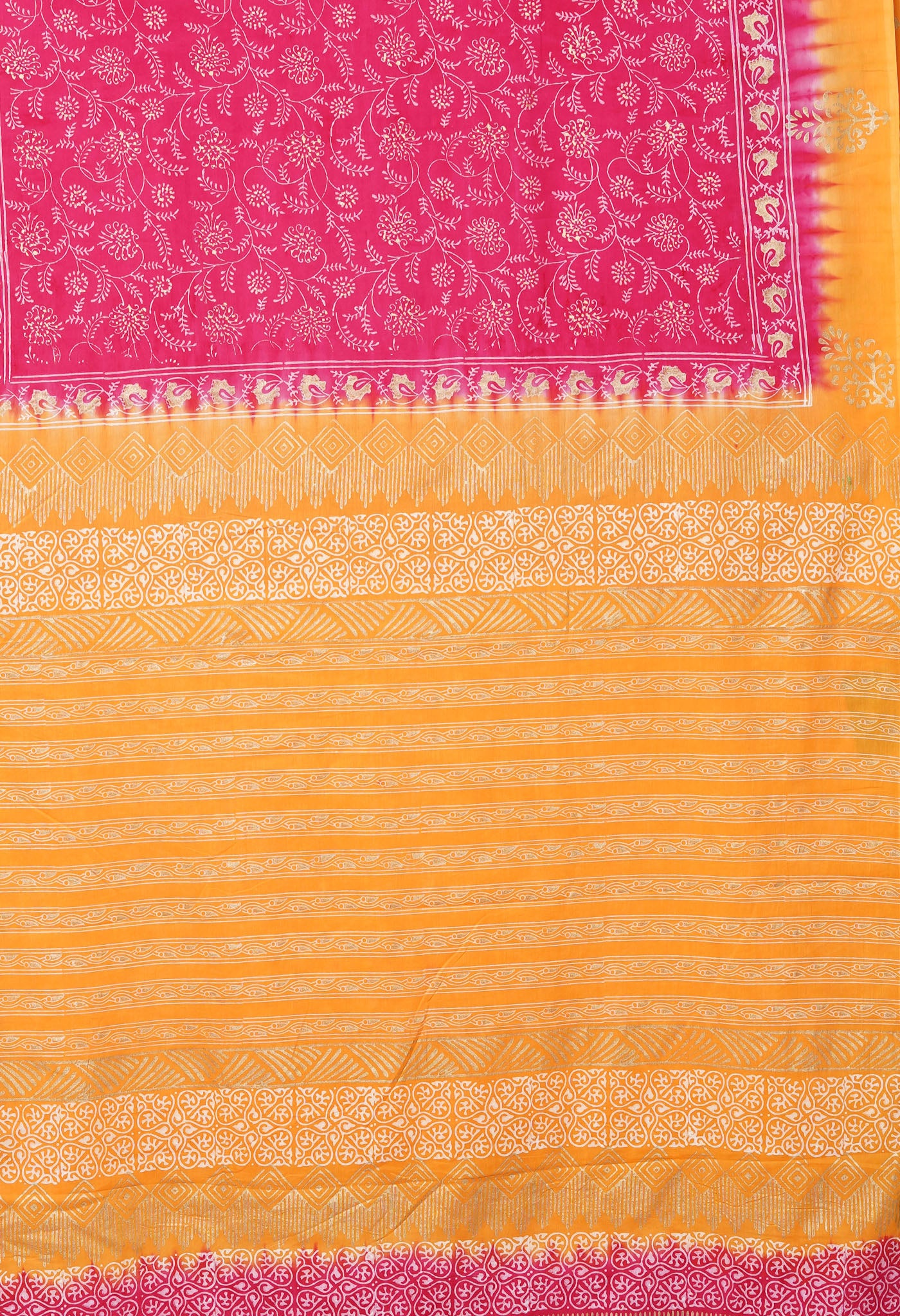 Pink-Yellow Pure Gold Embossed Printed Soft Cotton Saree-UNM81008