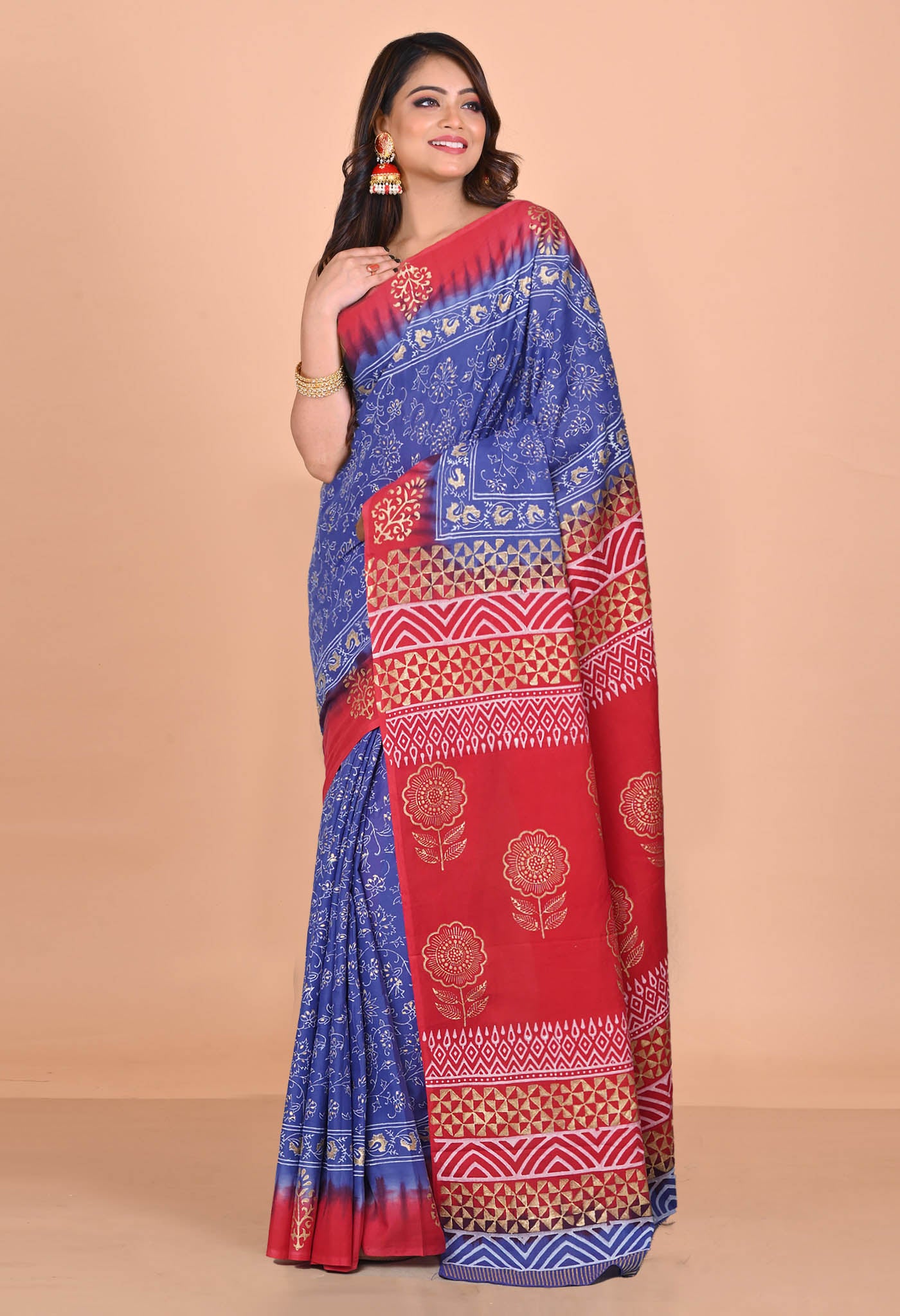 Blue-Red Pure Gold Embossed Printed Soft Cotton Saree-UNM81010