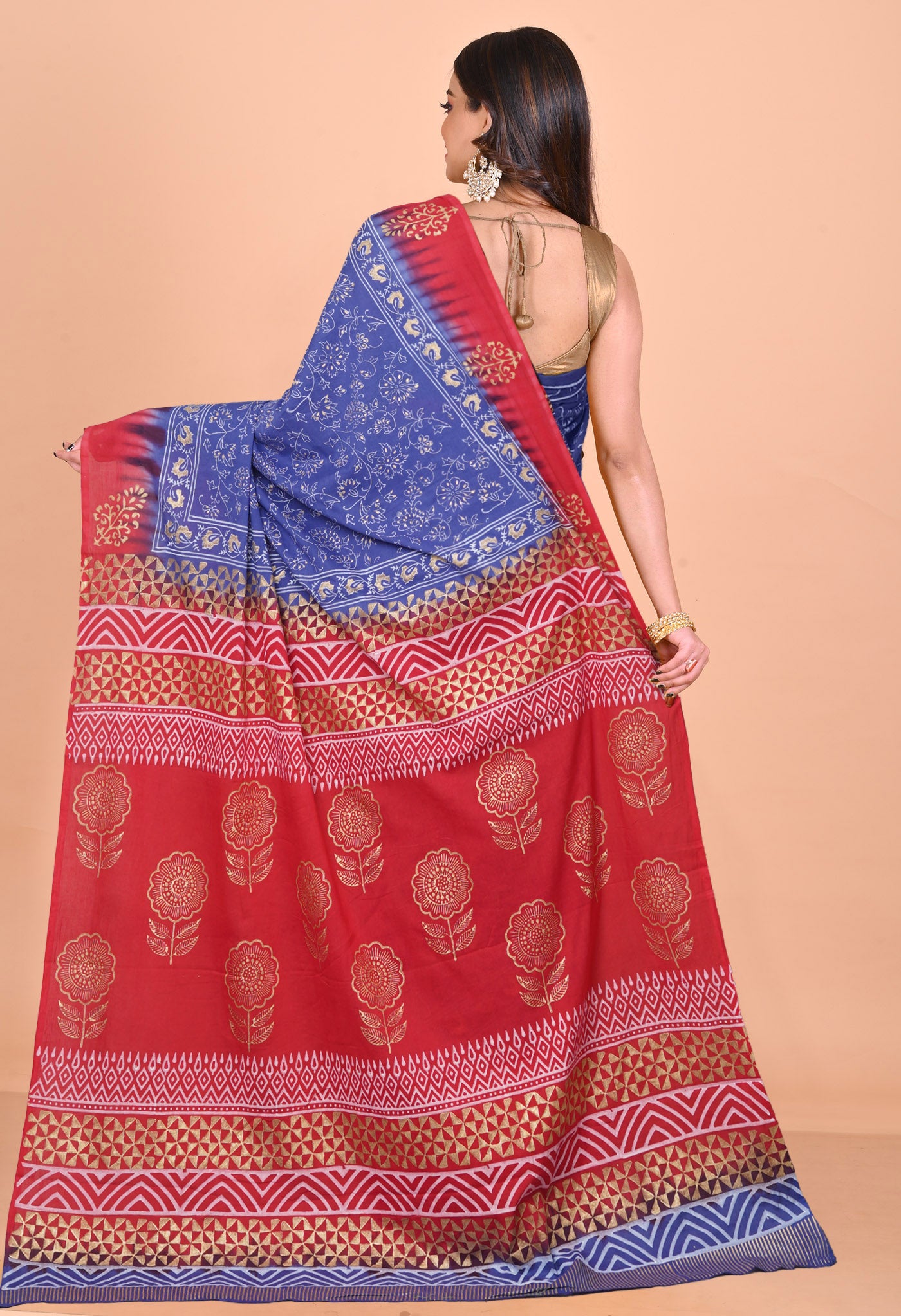 Blue-Red Pure Gold Embossed Printed Soft Cotton Saree-UNM81010