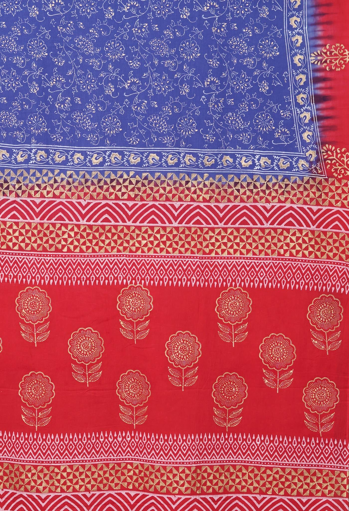 Blue-Red Pure Gold Embossed Printed Soft Cotton Saree-UNM81010