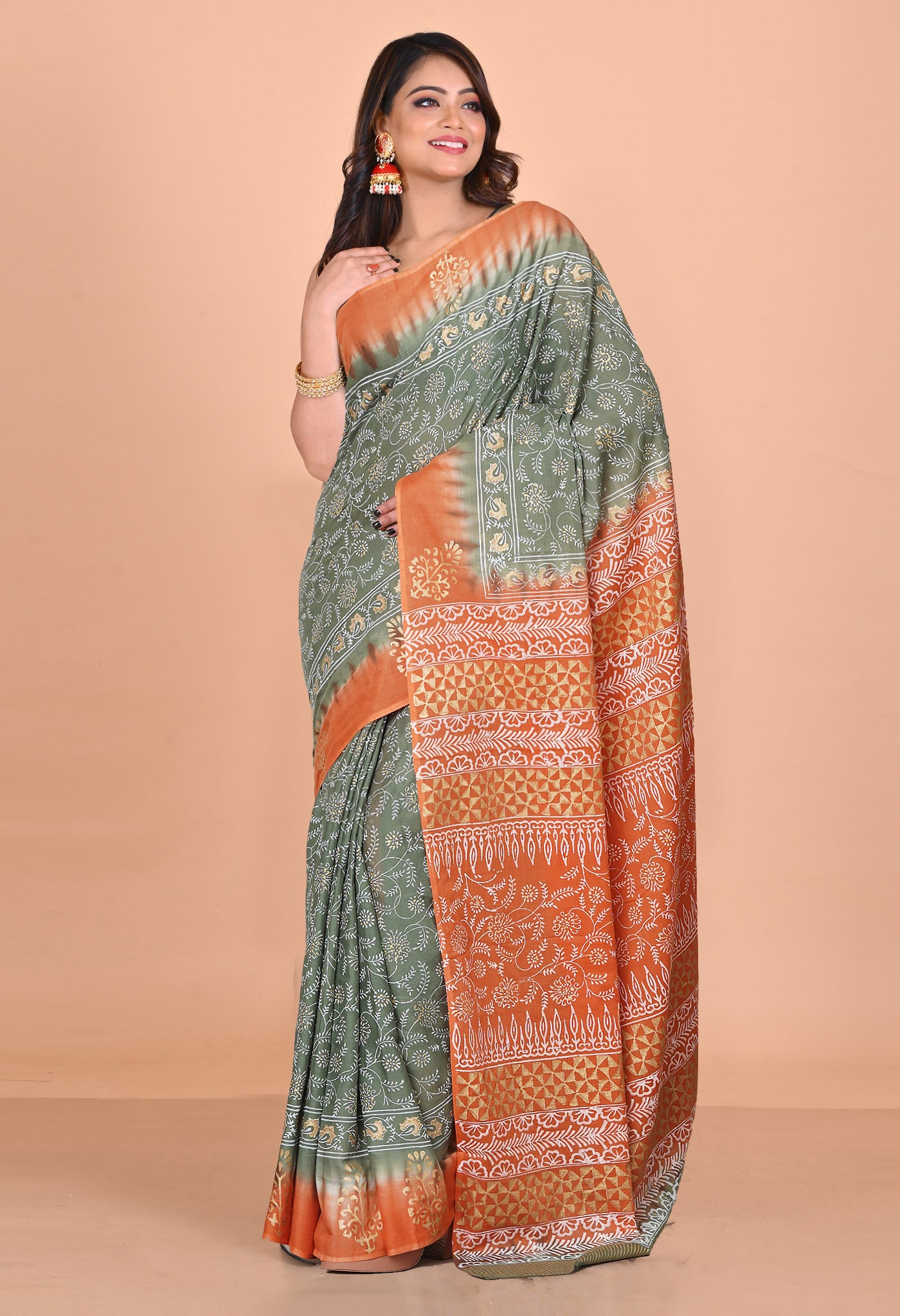 Green-Orange Pure Gold Embossed Printed Soft Cotton Saree-UNM81011