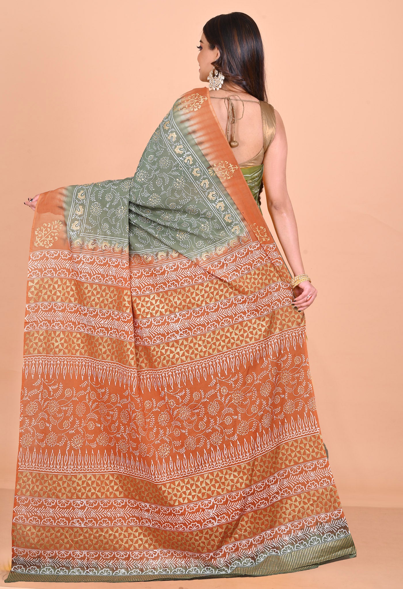 Green-Orange Pure Gold Embossed Printed Soft Cotton Saree-UNM81011