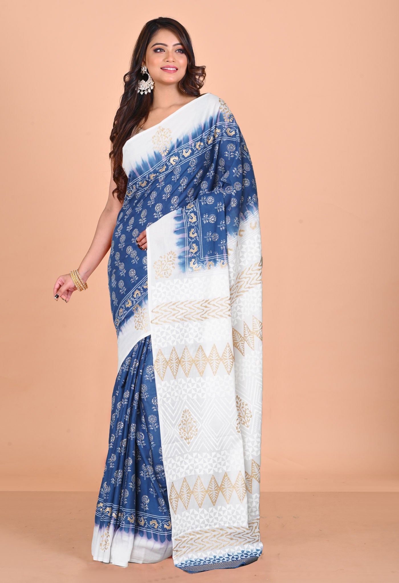 Blue-White Pure Gold Embossed Printed Soft Cotton Saree-UNM81012