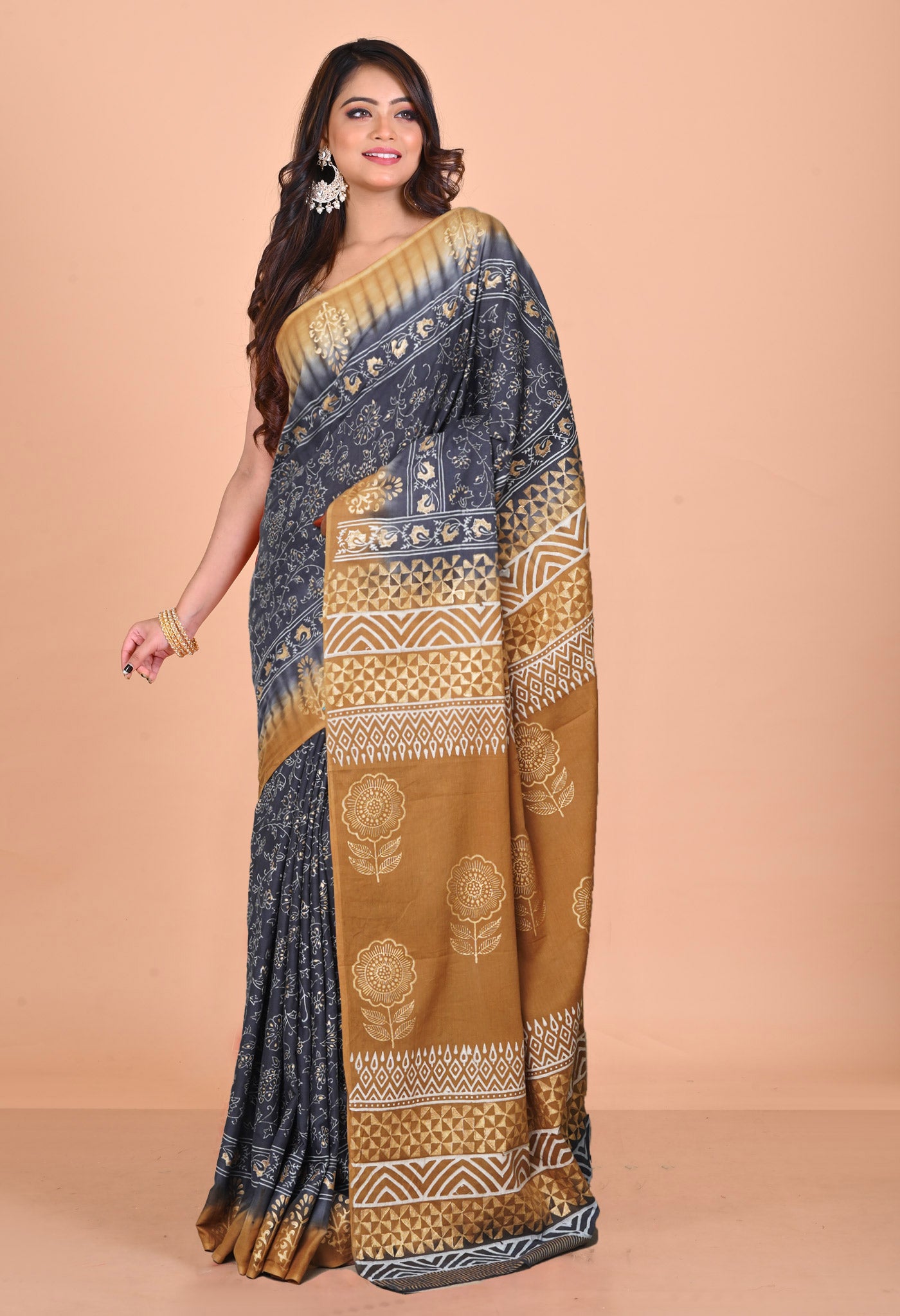 Grey-Brown Pure Gold Embossed Printed Soft Cotton Saree-UNM81013