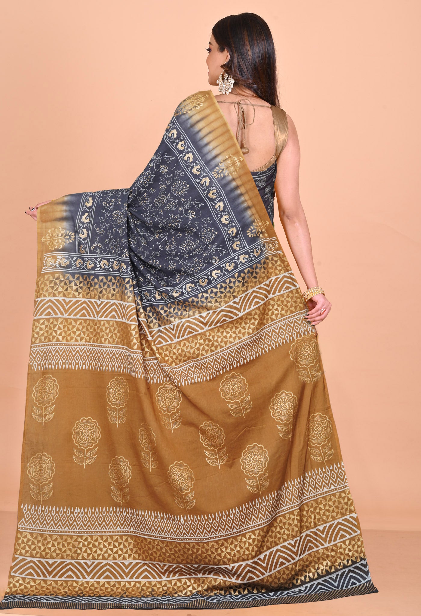 Grey-Brown Pure Gold Embossed Printed Soft Cotton Saree-UNM81013