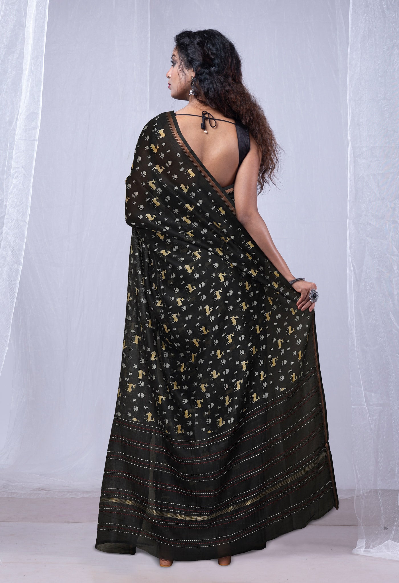 Black Pure Bagru Printed With Kantha work Chanderi Sico Saree-UNM81092