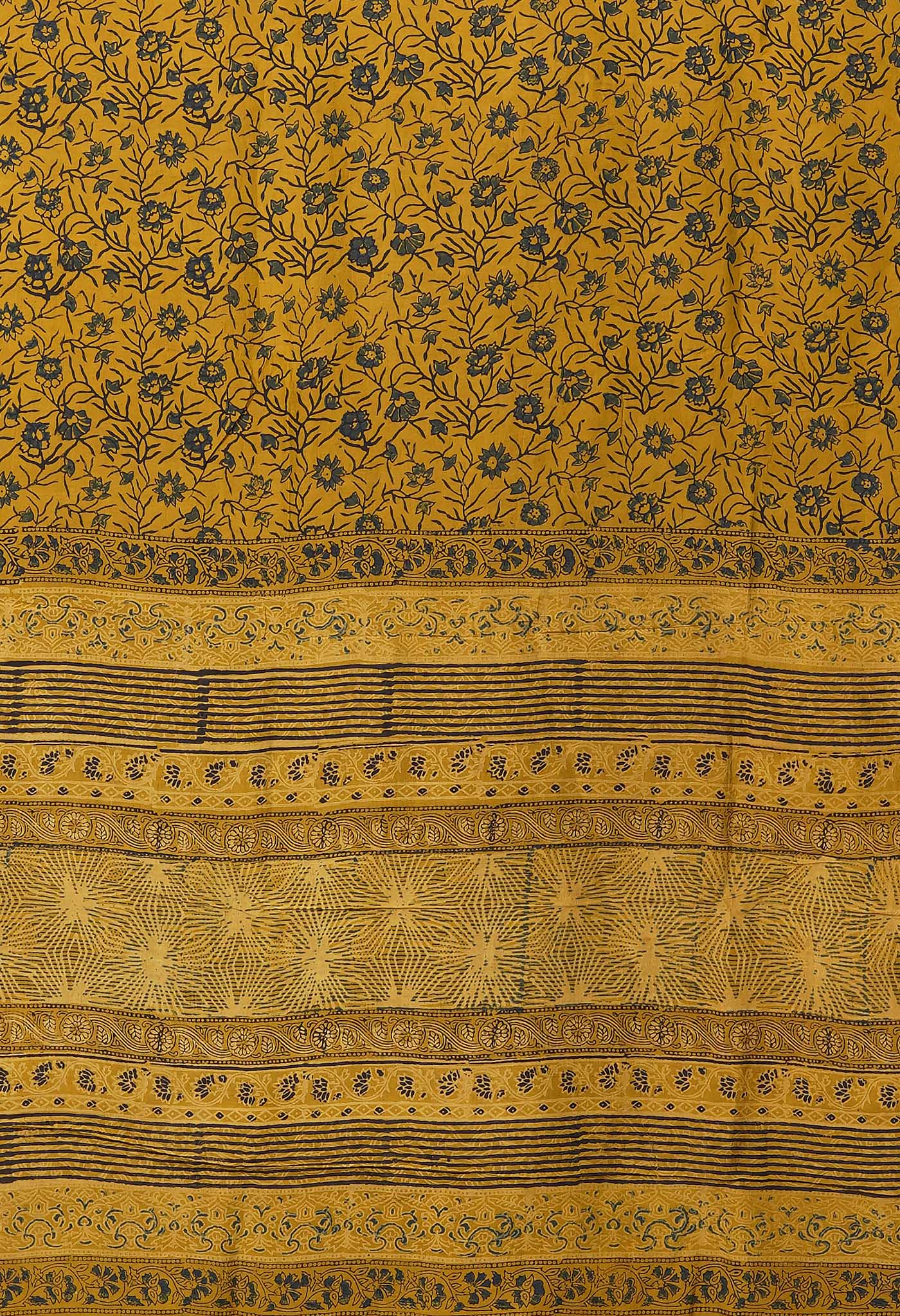 Yellow Pure Ajrakh Printed Soft Silk Saree-UNM81262