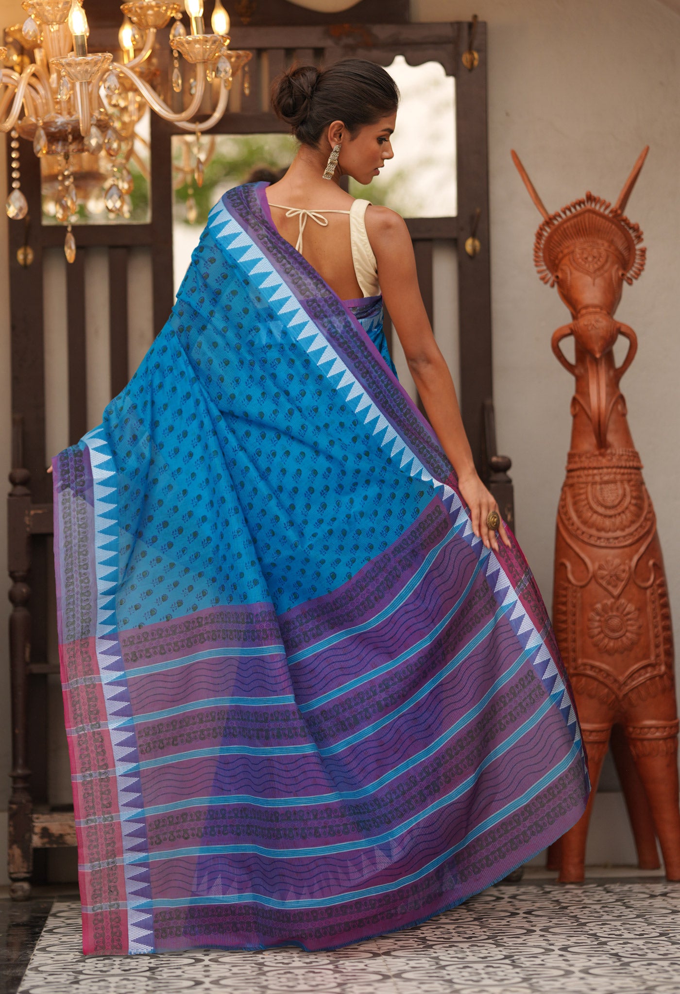 Blue Pure Hand Block Printed Mangalgiri Cotton Saree-UNM81275