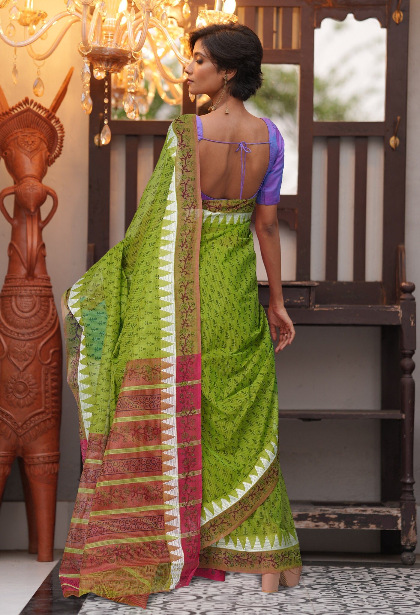 Green Pure Hand Block Printed Mangalgiri Cotton Saree-UNM81279