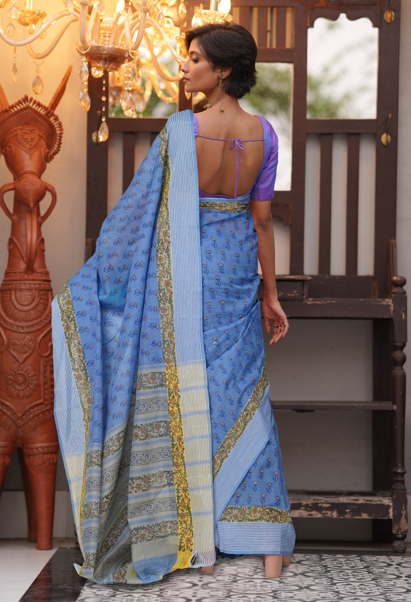 Blue Pure Hand Block Printed Mangalgiri Cotton Saree-UNM81281