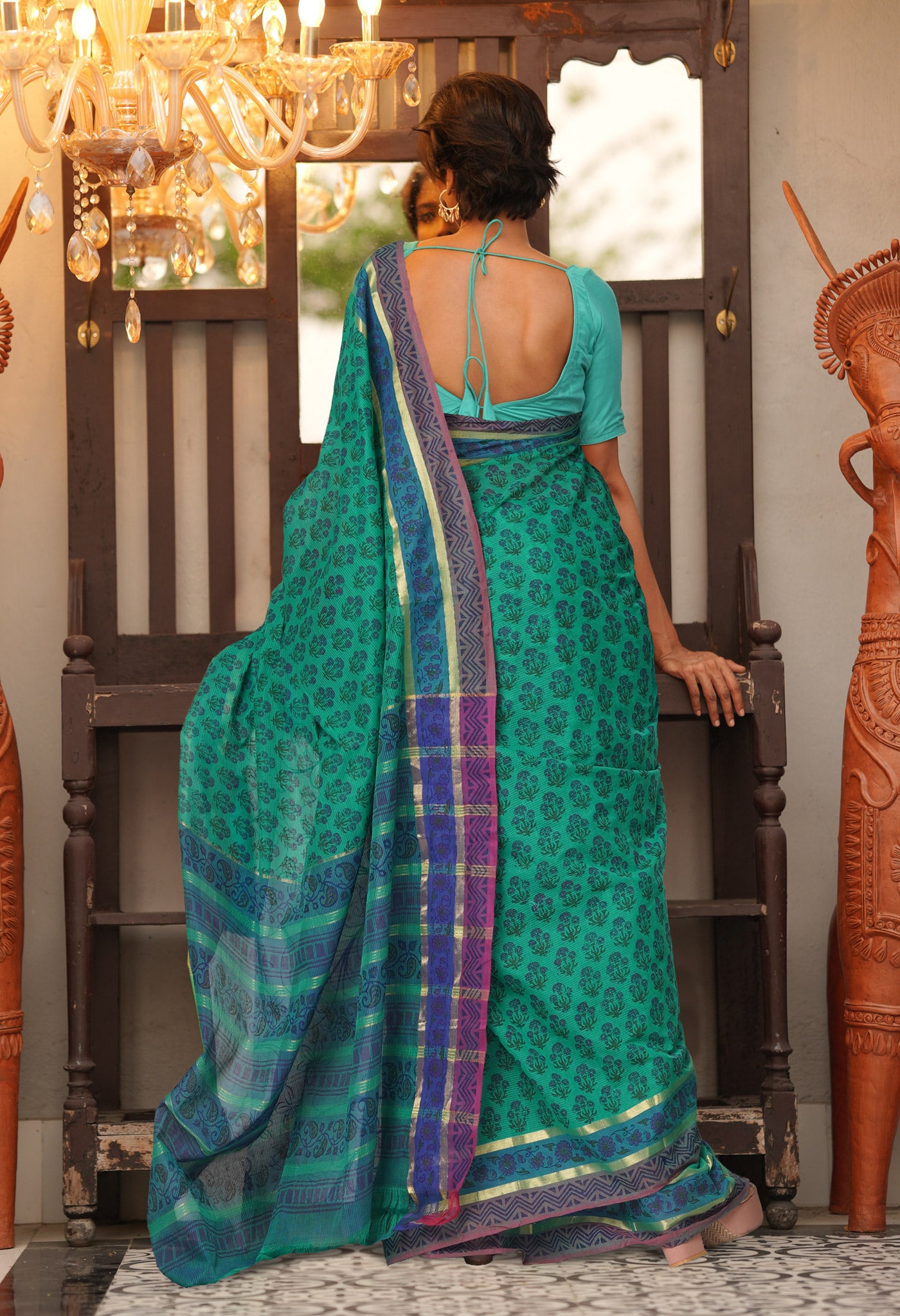 Green Pure Hand Block Printed Mangalgiri Cotton Saree-UNM81282