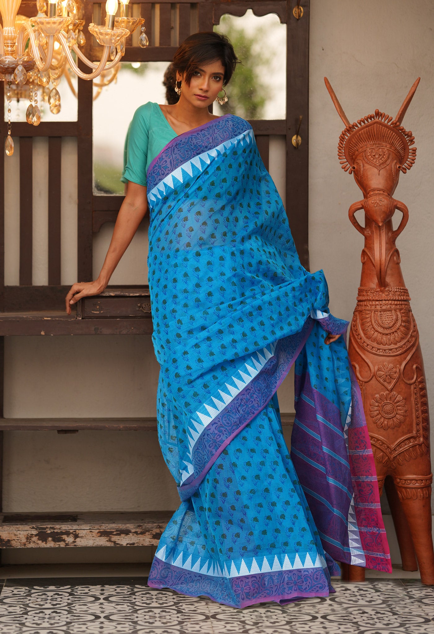 Blue Pure Hand Block Printed Mangalgiri Cotton Saree-UNM81284