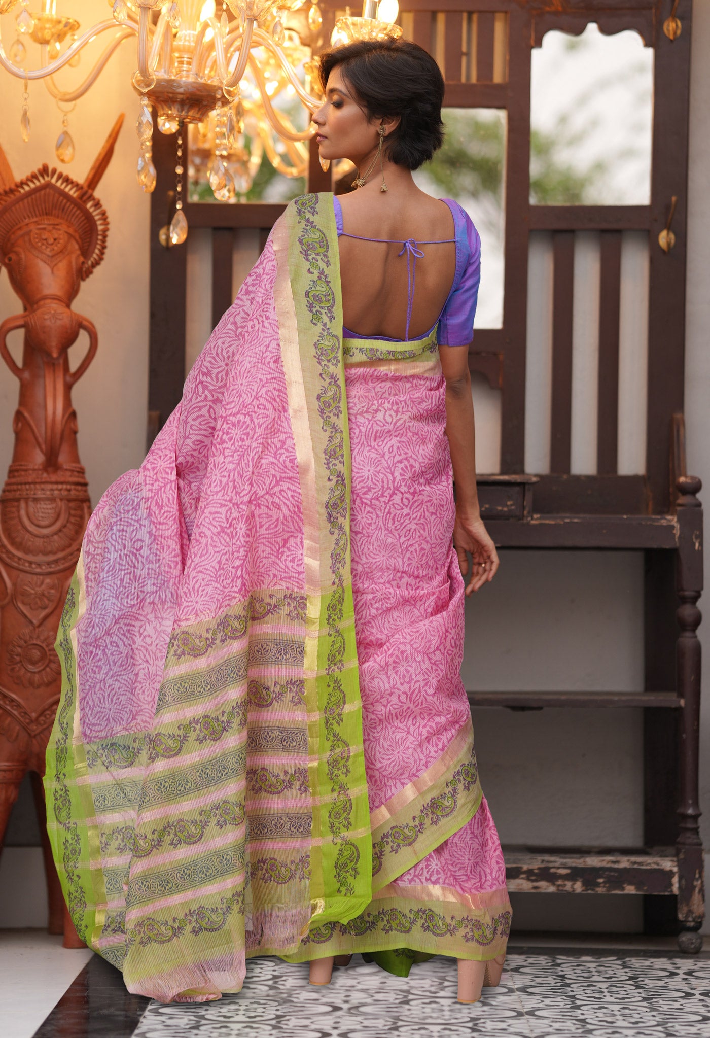 Pink Pure Hand Block Printed Mangalgiri Cotton Saree-UNM81287