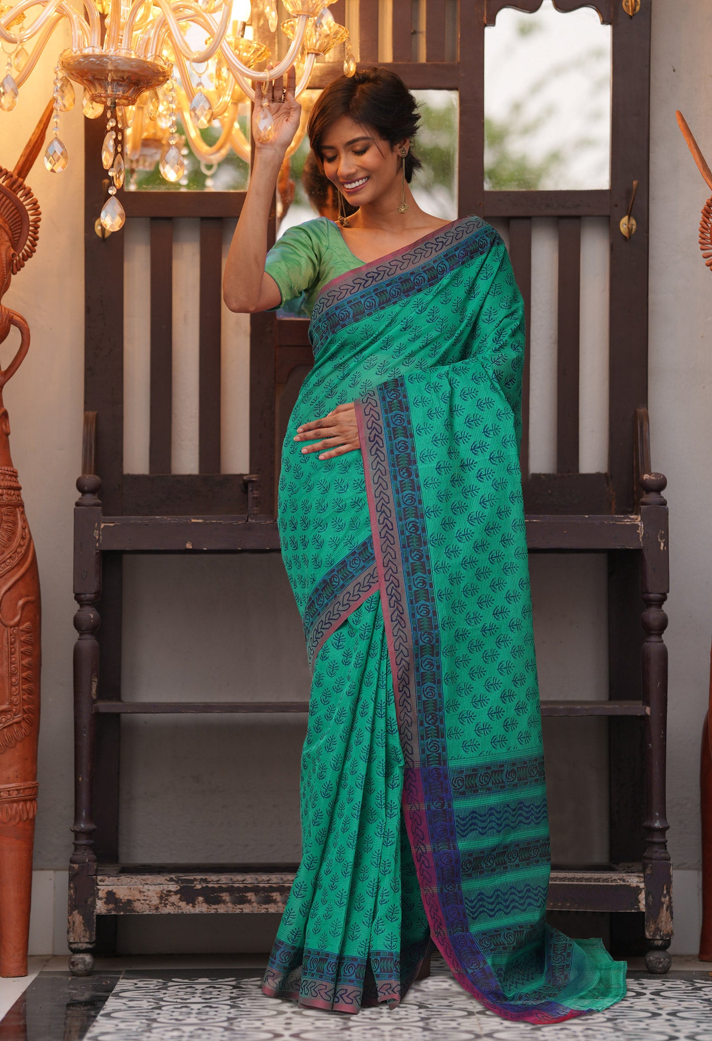 Green Pure Hand Block Printed Mangalgiri Cotton Saree-UNM81291