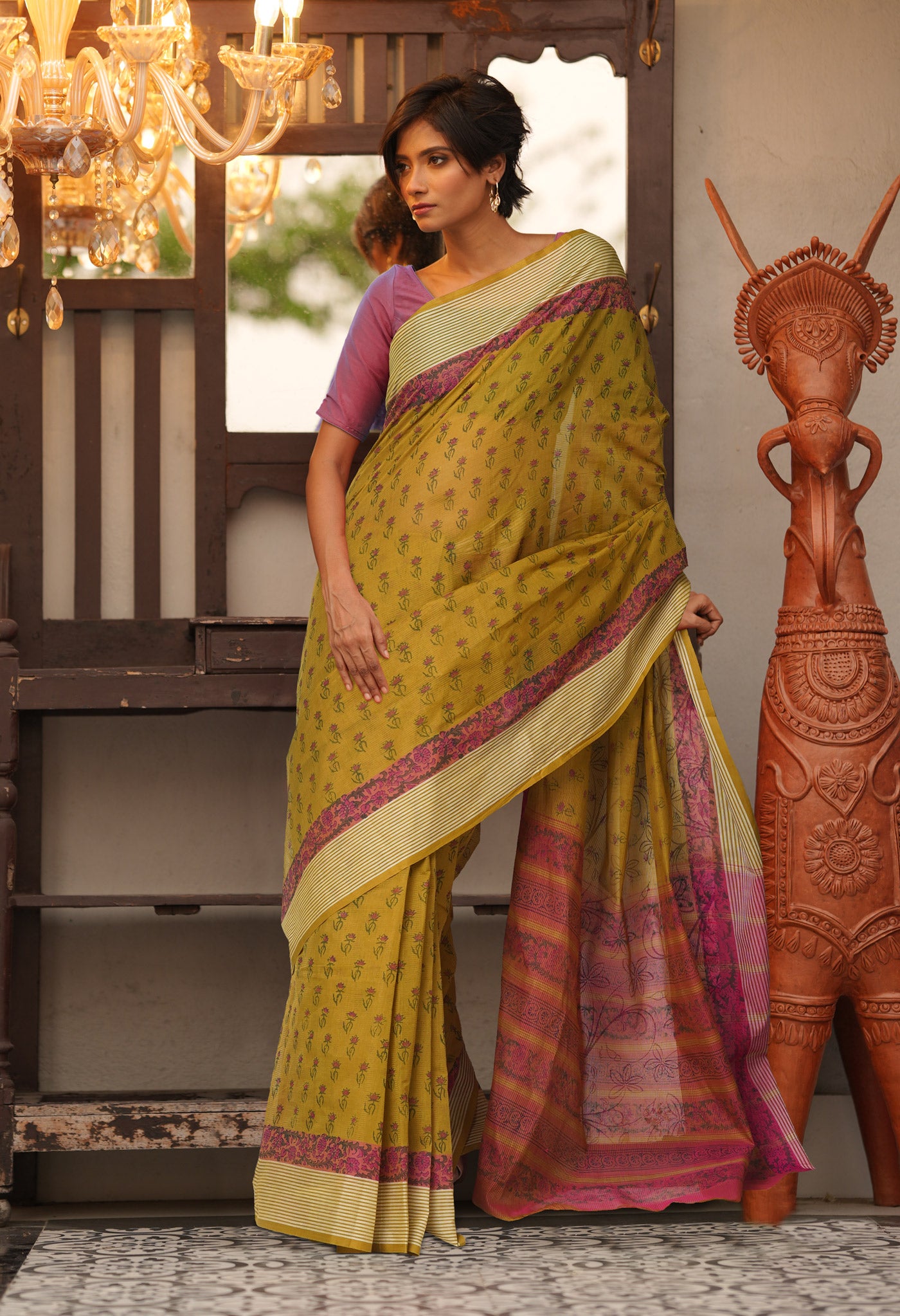 Green Pure Hand Block Printed Mangalgiri Cotton Saree-UNM81292