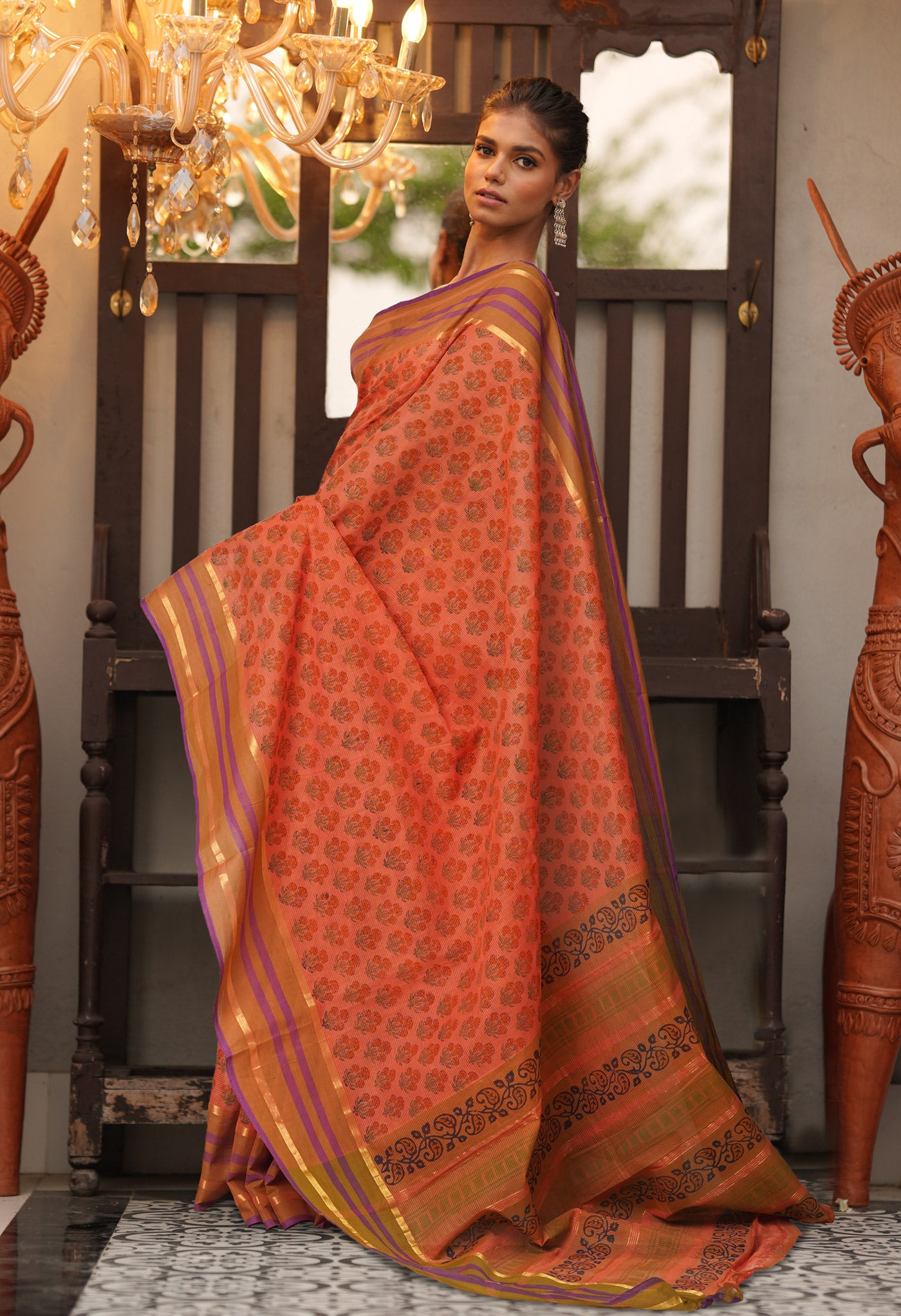 Orange Pure Hand Block Printed Mangalgiri Cotton Saree-UNM81294