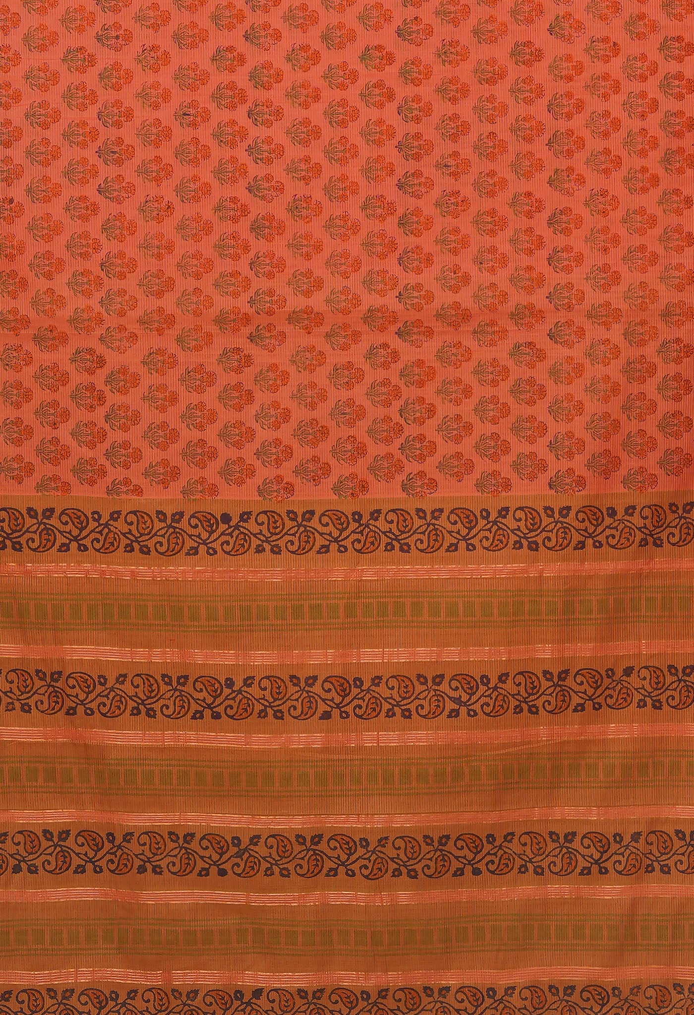 Orange Pure Hand Block Printed Mangalgiri Cotton Saree-UNM81294