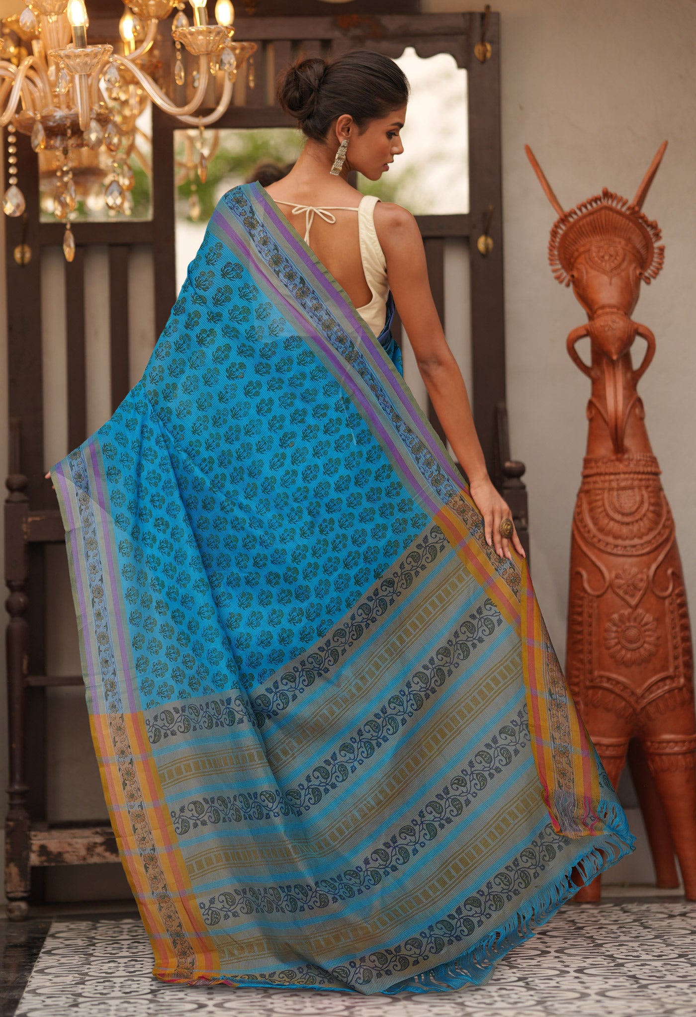 Blue Pure Hand Block Printed Mangalgiri Cotton Saree-UNM81296