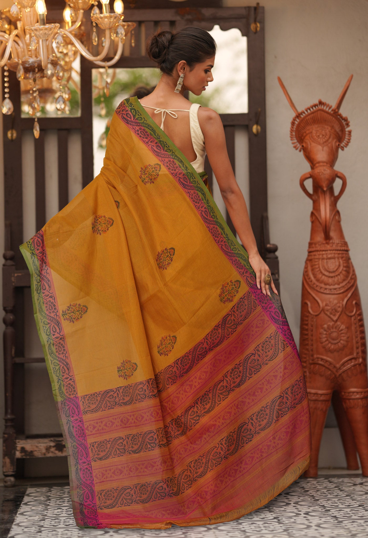 Yellow Pure Hand Block Printed Mangalgiri Cotton Saree-UNM81298