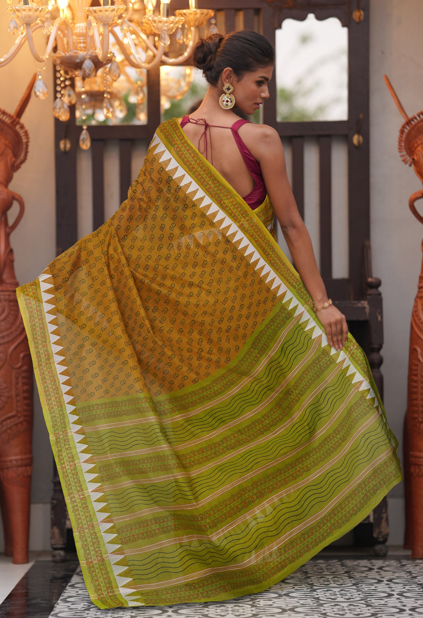 Yellow Pure Hand Block Printed Mangalgiri Cotton Saree-UNM81301