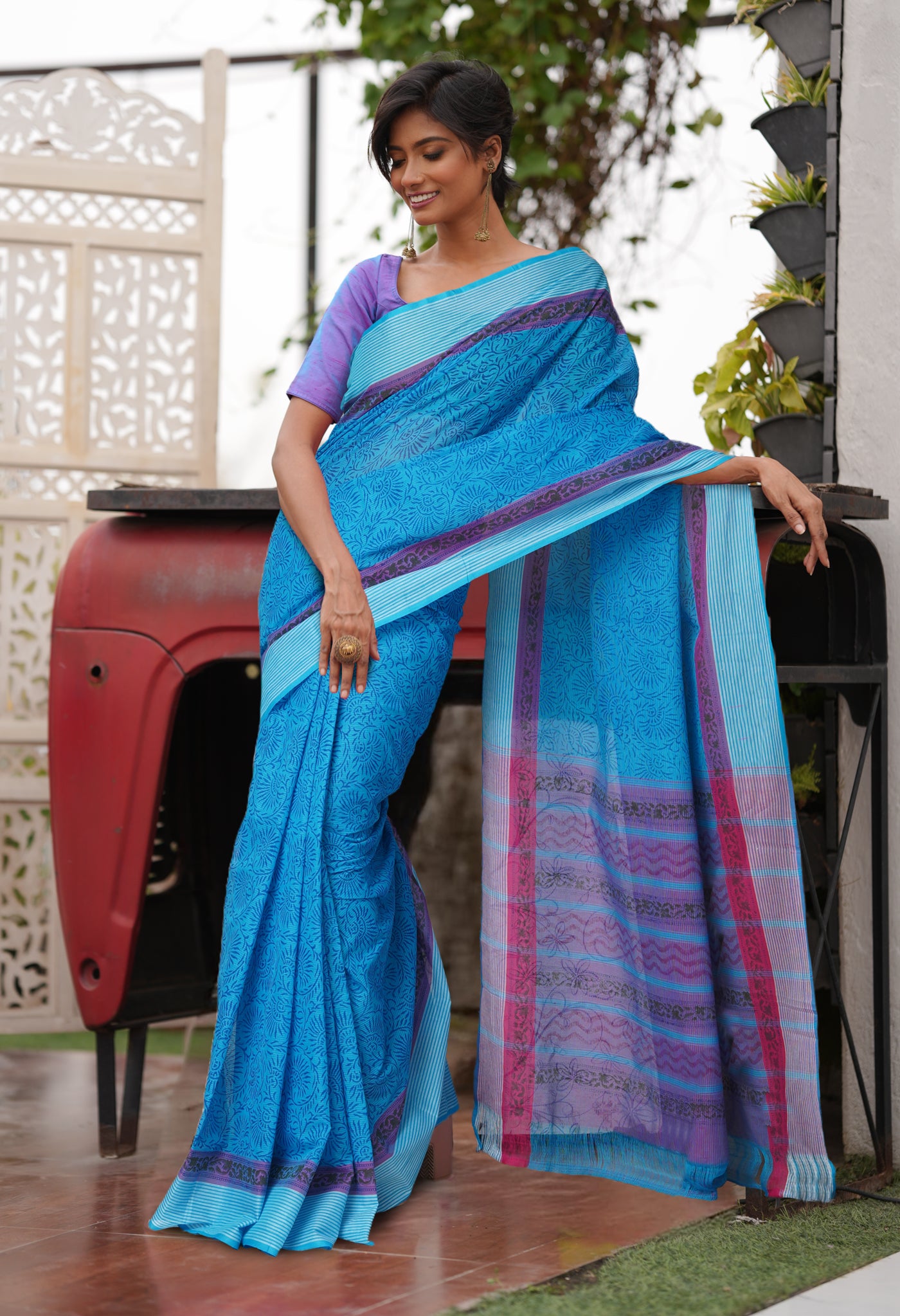 Blue Pure Hand Block Printed Mangalgiri Cotton Saree-UNM81302