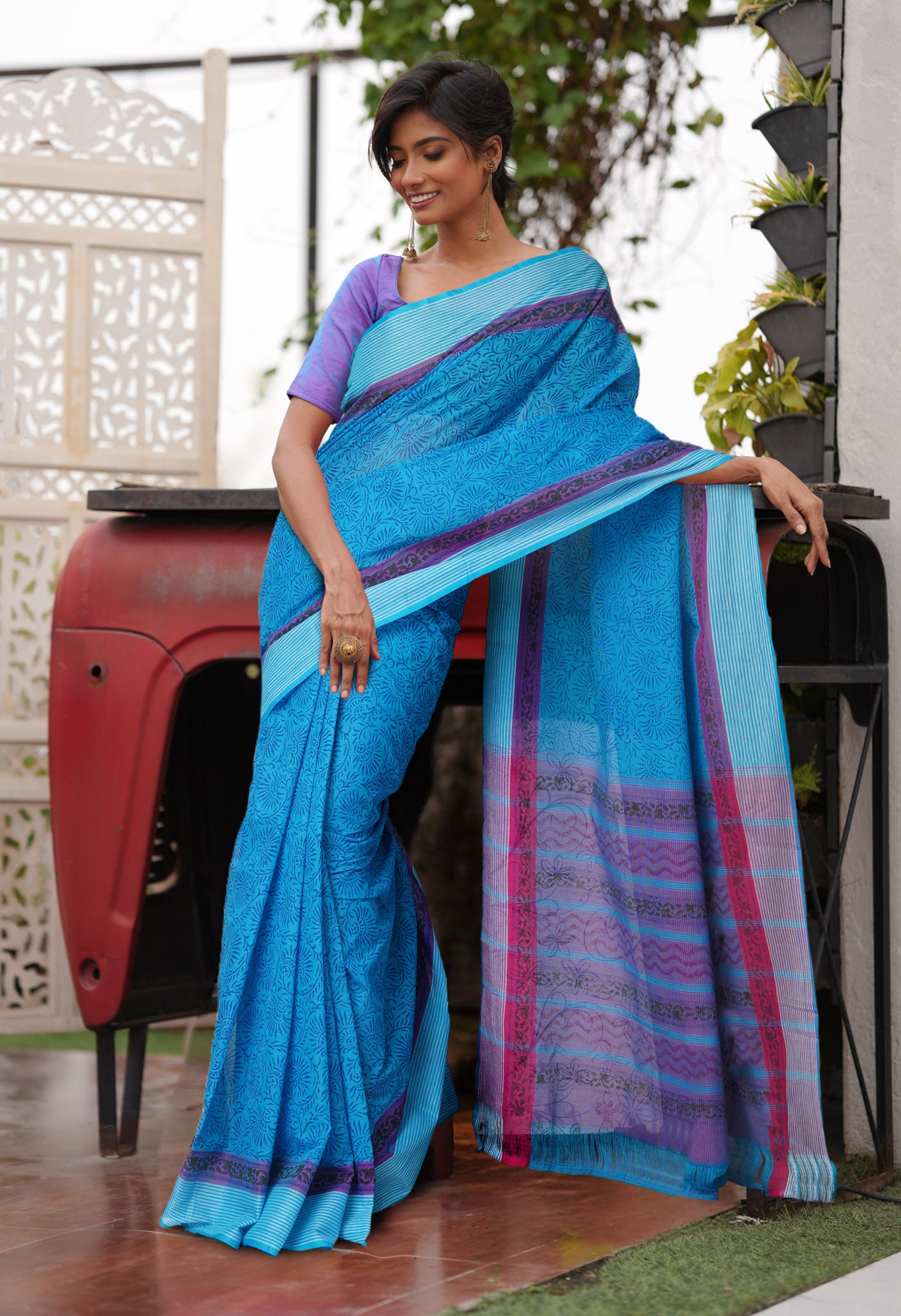 Blue Pure Hand Block Printed Mangalgiri Cotton Saree-UNM81302