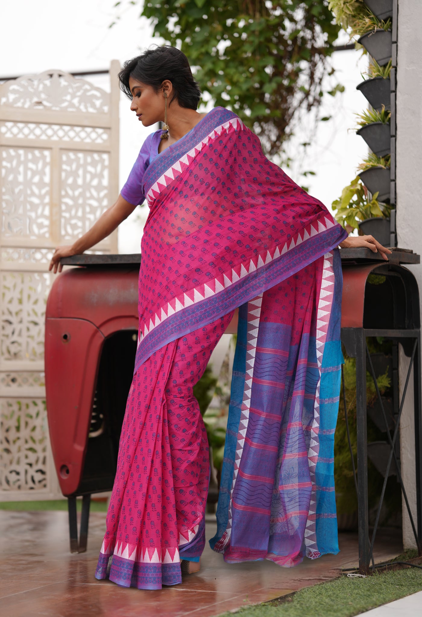 Pink Pure Hand Block Printed Mangalgiri Cotton Saree-UNM81304