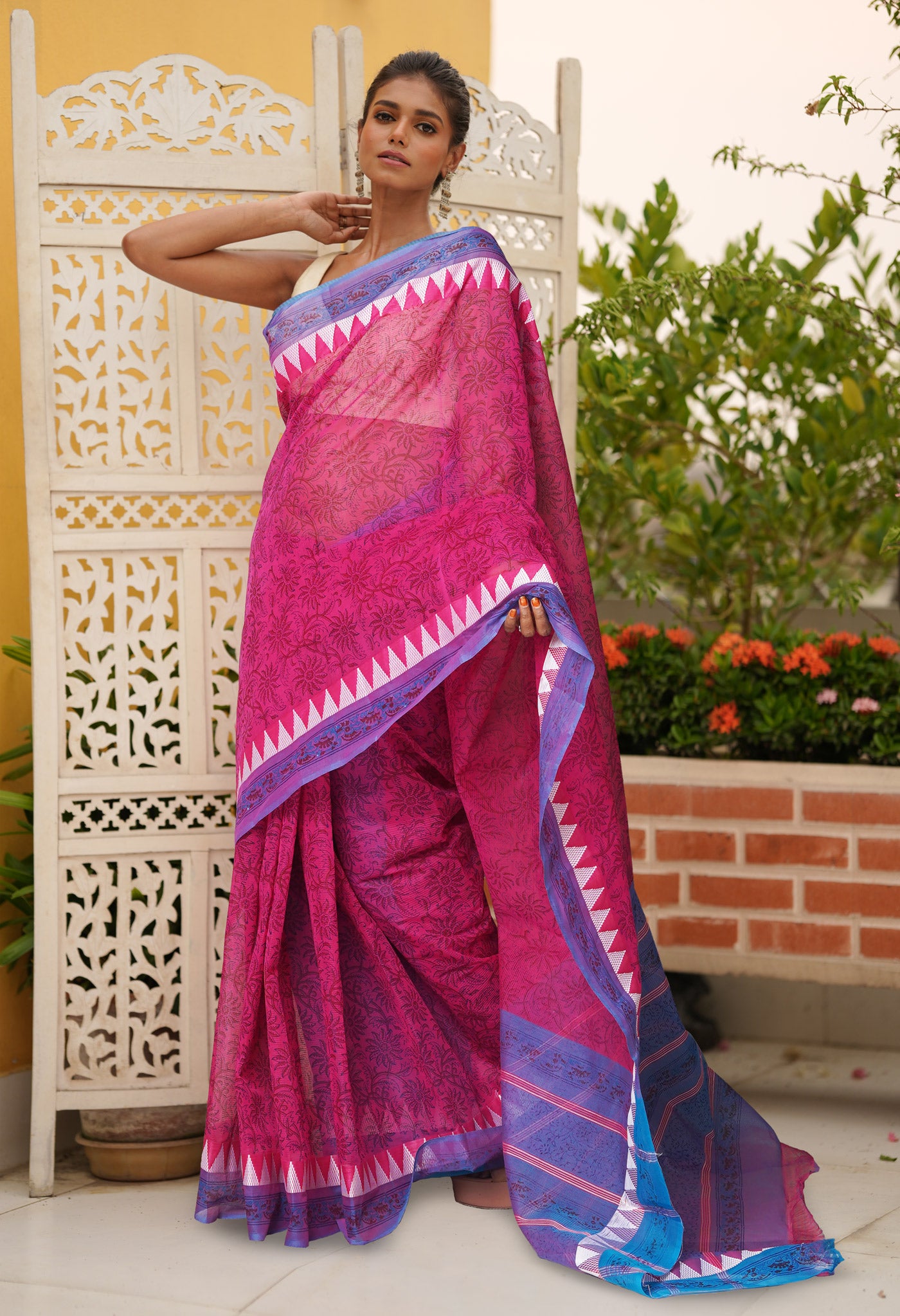 Pink Pure Hand Block Printed Mangalgiri Cotton Saree-UNM81307